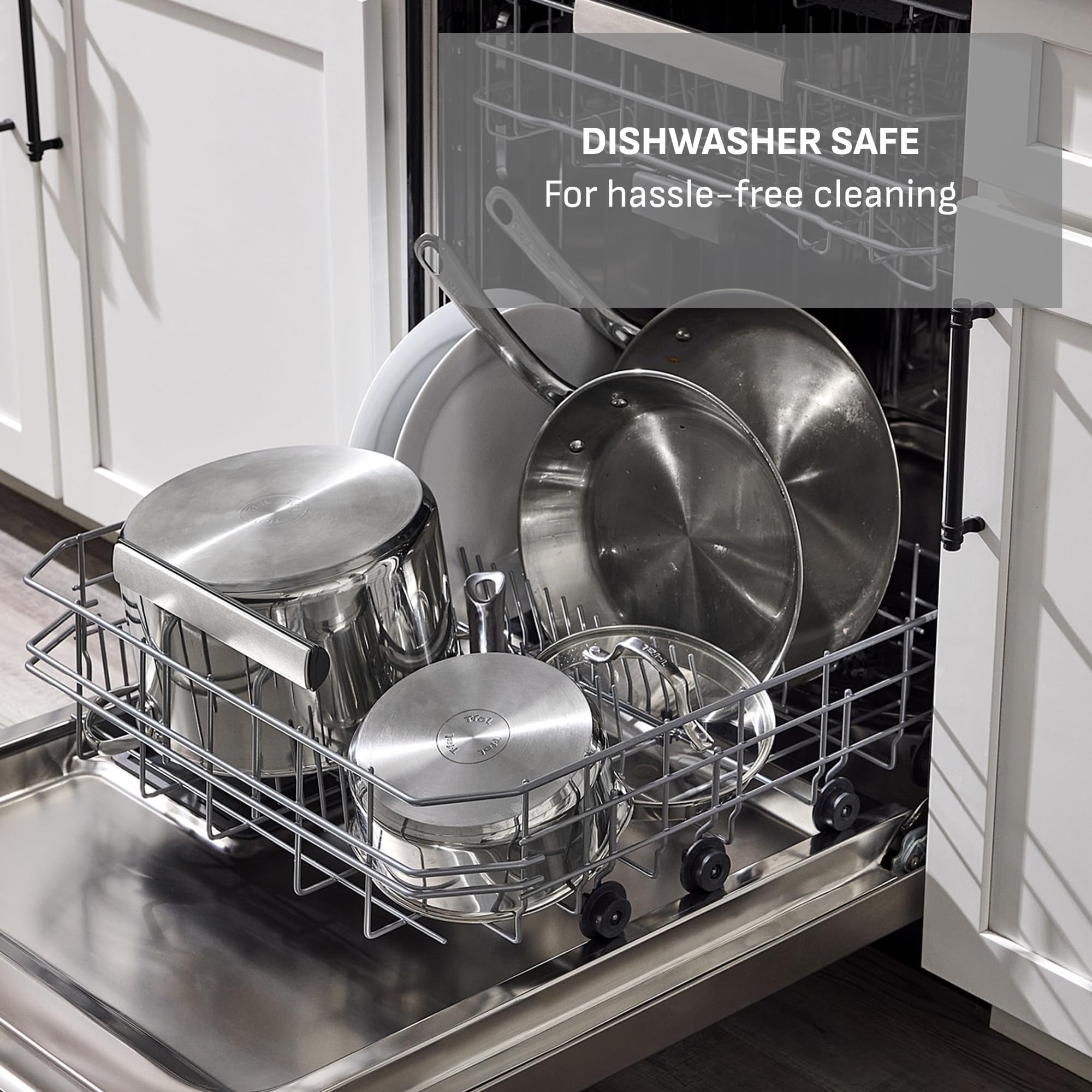 T-fal Stainless Steel Cookware Set 11 Piece, Induction, Oven Broiler Safe 500F, Kitchen Cooking Set w/Fry Pans, Saucepans, Saute Pan, Dutch Oven, Steamer, Pots and Pans, Dishwasher Safe, Silver