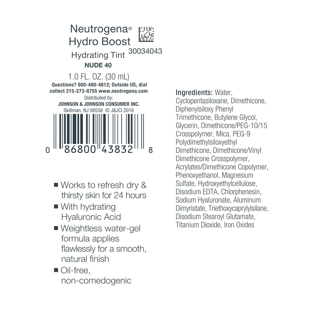 Neutrogena Hydro Boost Hydrating Tint Foundation Makeup for Dry Skin, with Hyaluronic Acid, Lightweight Oil-Free Water Gel, Non-Comedogenic, 40 Nude Color, 1.0 fl. oz