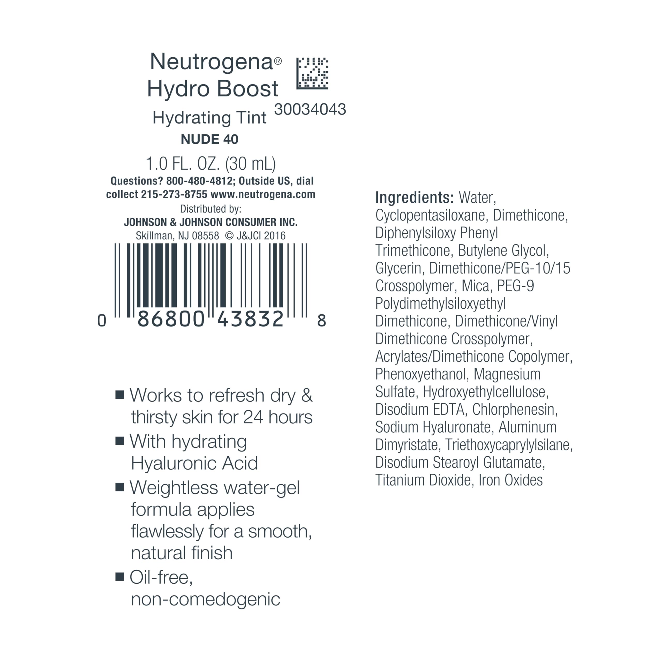 Neutrogena Hydro Boost Hydrating Tint Foundation Makeup for Dry Skin, with Hyaluronic Acid, Lightweight Oil-Free Water Gel, Non-Comedogenic, 40 Nude Color, 1.0 fl. oz