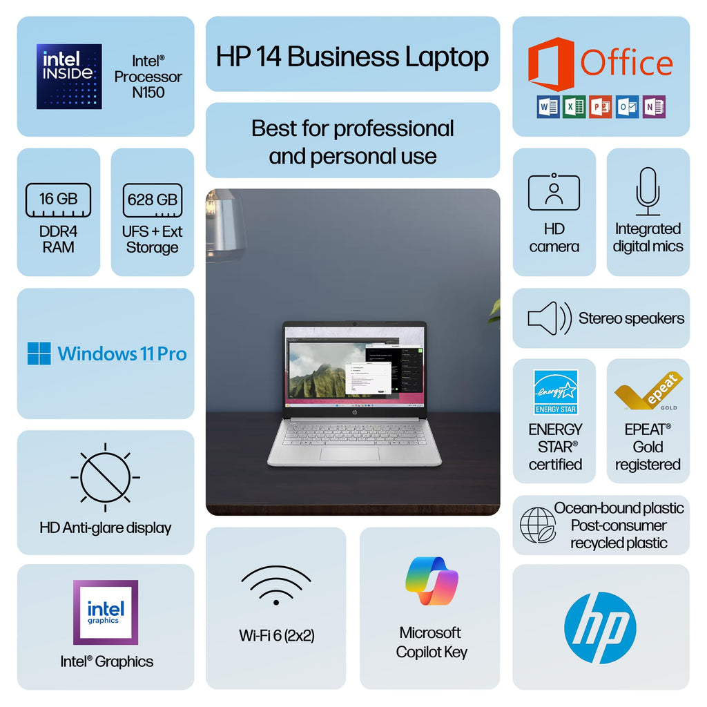 HP 14" Laptop Computer 2025-2026 Business Student, Copilot AI, Lifetime Office, 4-Core Intel CPU, 16GB RAM, 628GB Storage (128GB UFS +500GB Ext), Wi-Fi 6, 10+ Hrs, MarxsolAccessory, Win 11 Pro, Silver