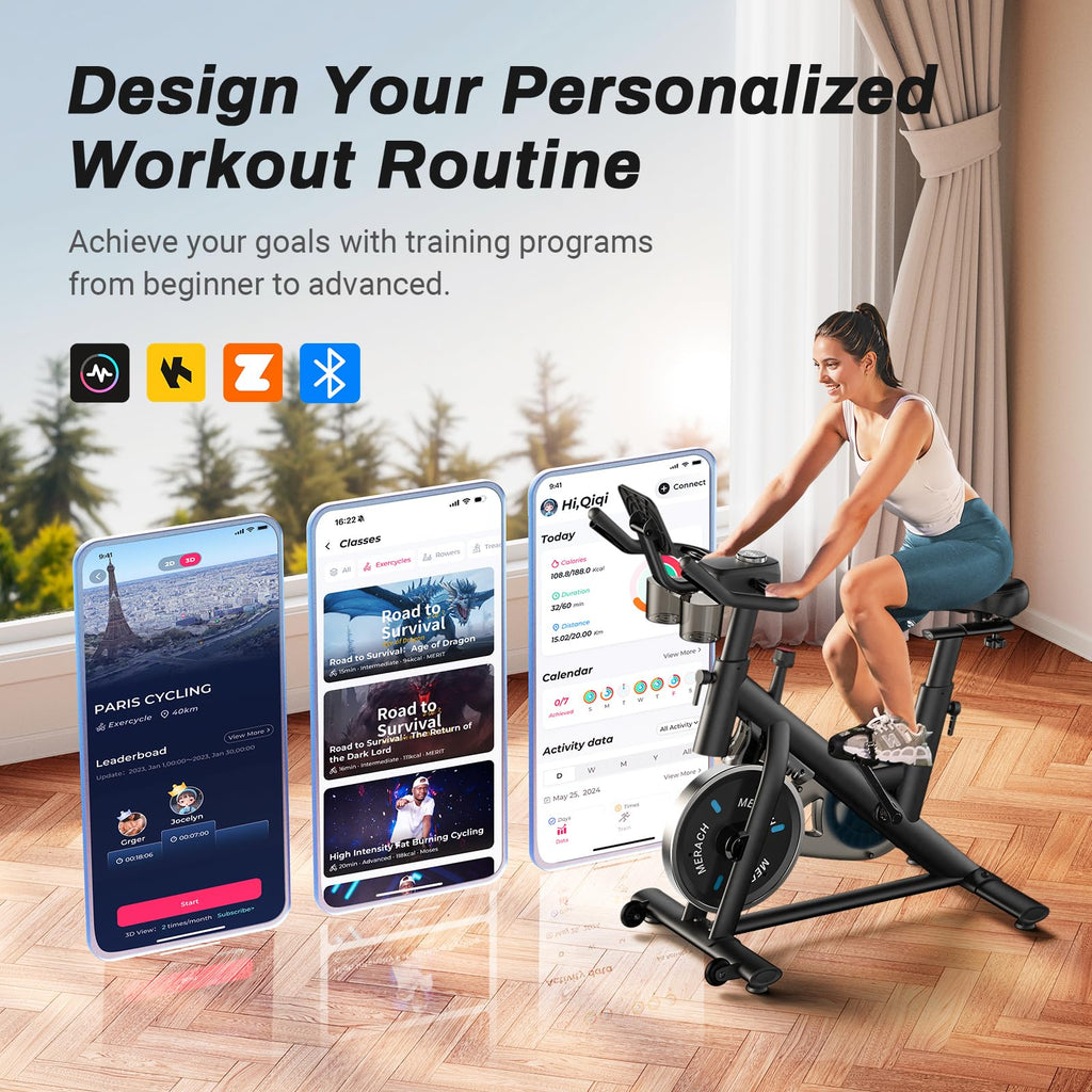 MERACH Exercise Bike, Brake Pad Stationary Bike with Exclusive App, Low Noise Indoor Cycling Bike with 300lbs Weight Capacity, Tablet Mount and Fitness Courses for Weight Loss