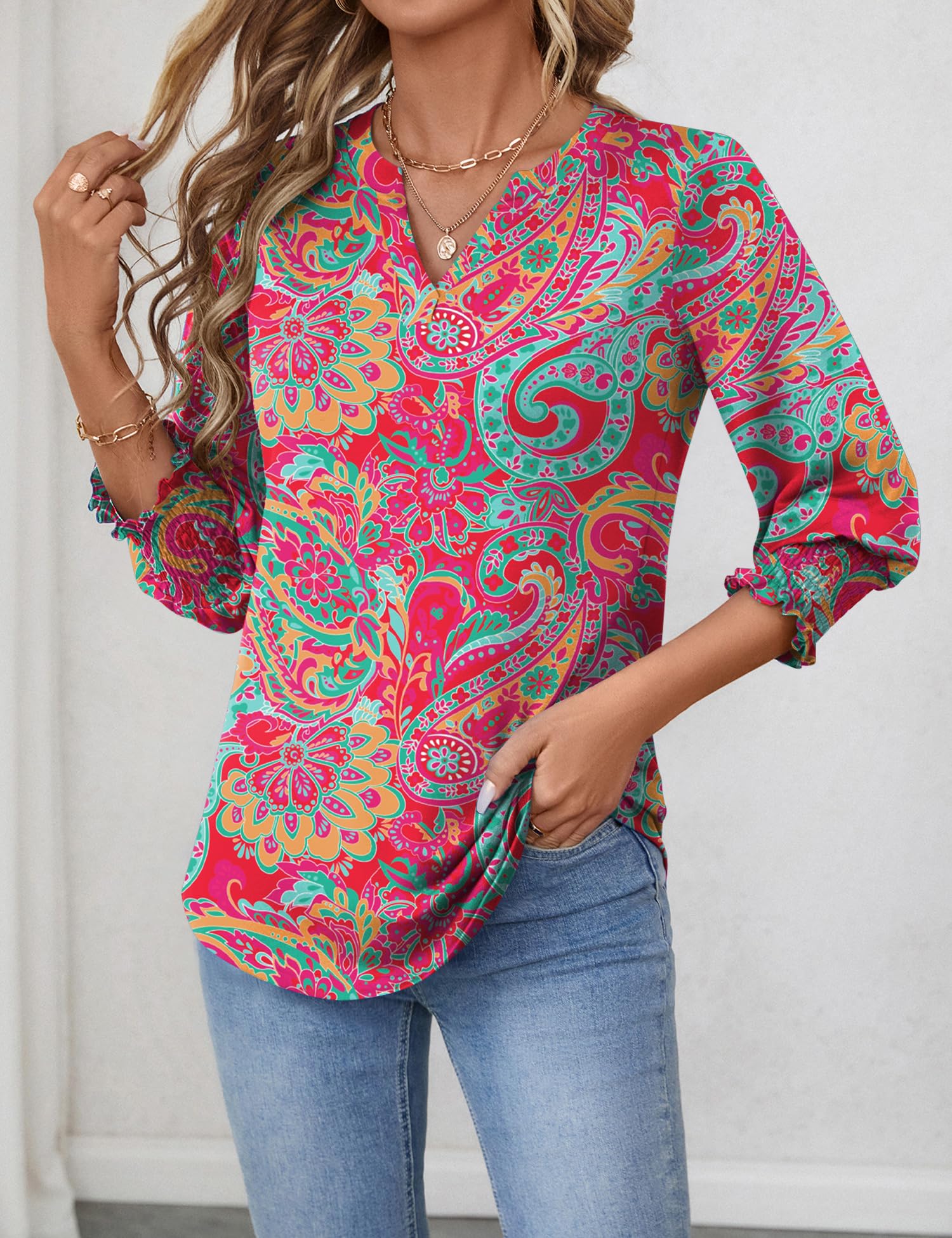 LOMON Women's 2026 Fashion Tops 3/4 Length Sleeve Business Casual Blouses Summer Tees Shirts