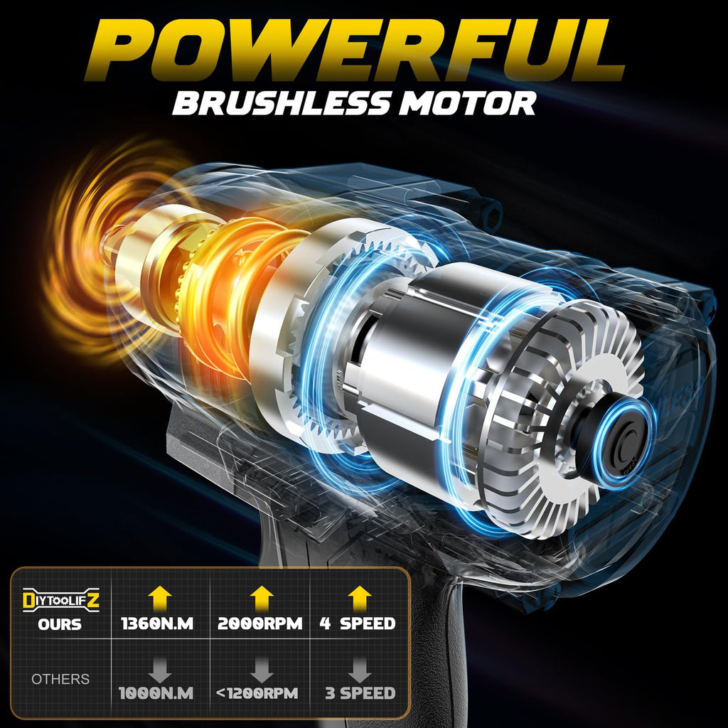 DIYtoolifz Cordless Impact Wrench 1/2 inch Compatible with DeWalt 20v Battery, 1000Ft-lbs(1360N.m) High Torque Impact Driver with 4-Modes, LED Light, Electric Impact Gun for Car/Truck/Mower(Bare Tool)
