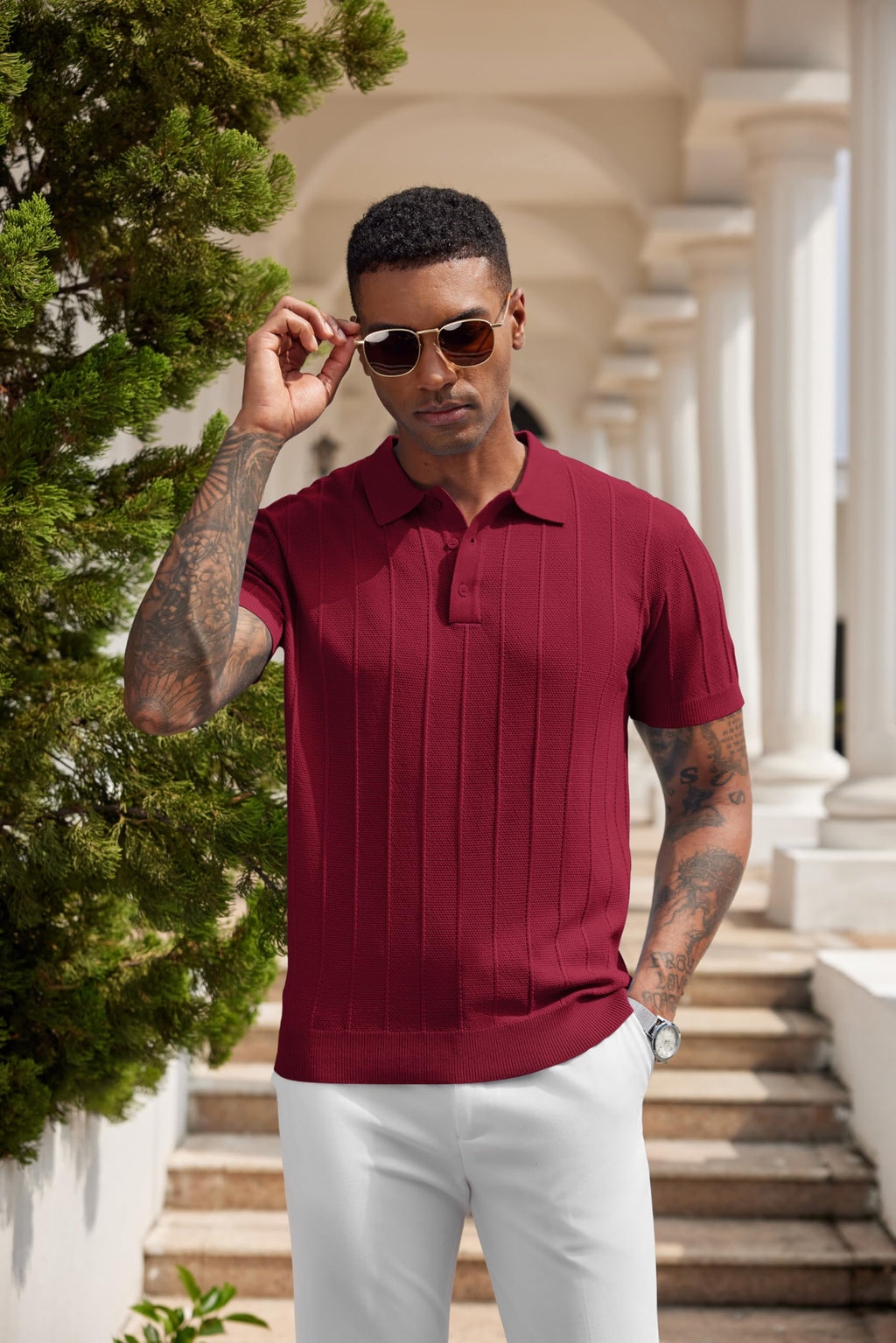 COOFANDY Mens Golf Shirt Ribbed Knitted Polo Shirts Business Casual Polos Shirt Vintage Textured Collared Shirts Trendy Summer Clothes 2025 Wine Red