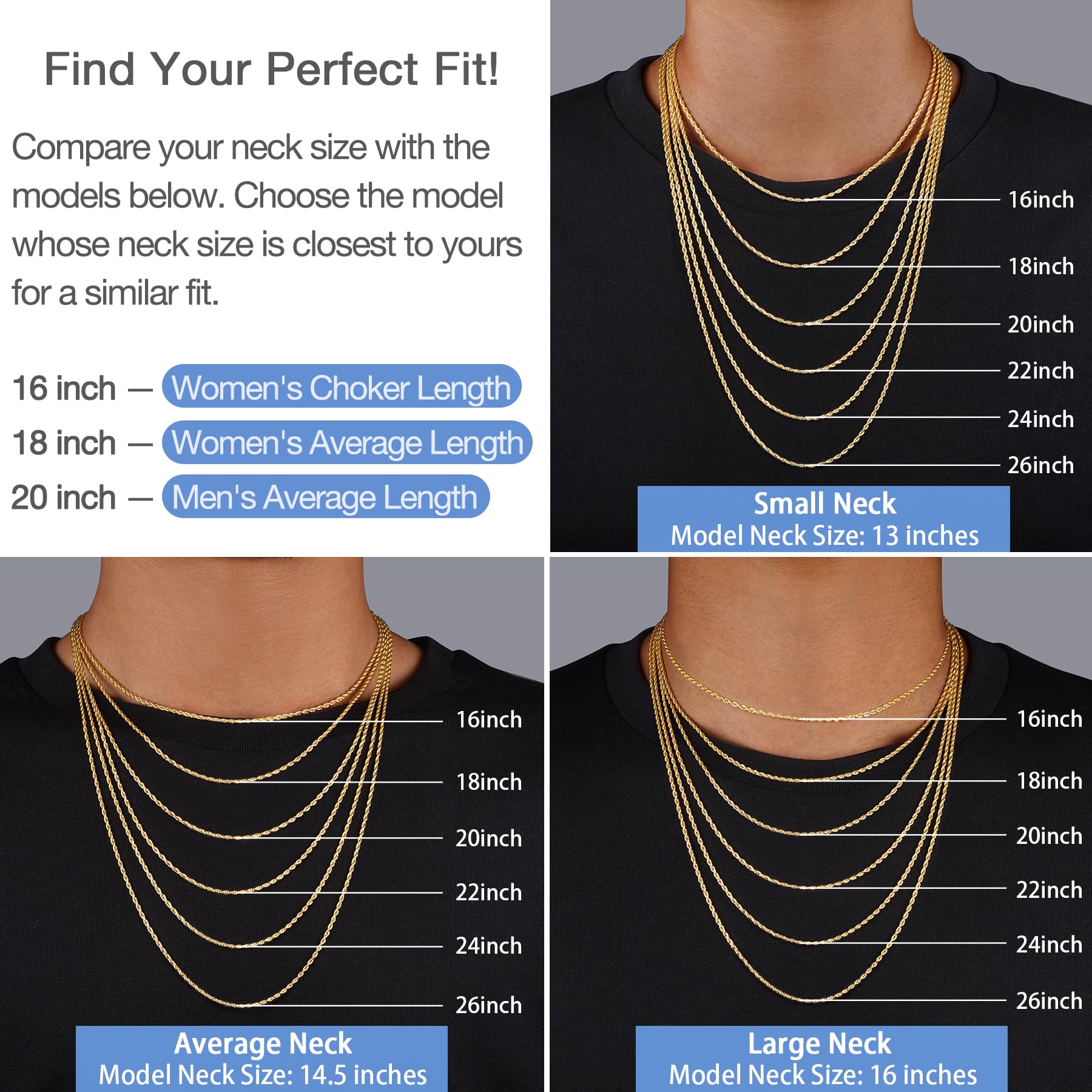 Jewlpire 14K Gold Plated Chain Necklace for Women, 2MM Rope Chains 14K Gold Plated Chain for Women Classic & Sturdy Women's Chains Necklace, 26 Inch