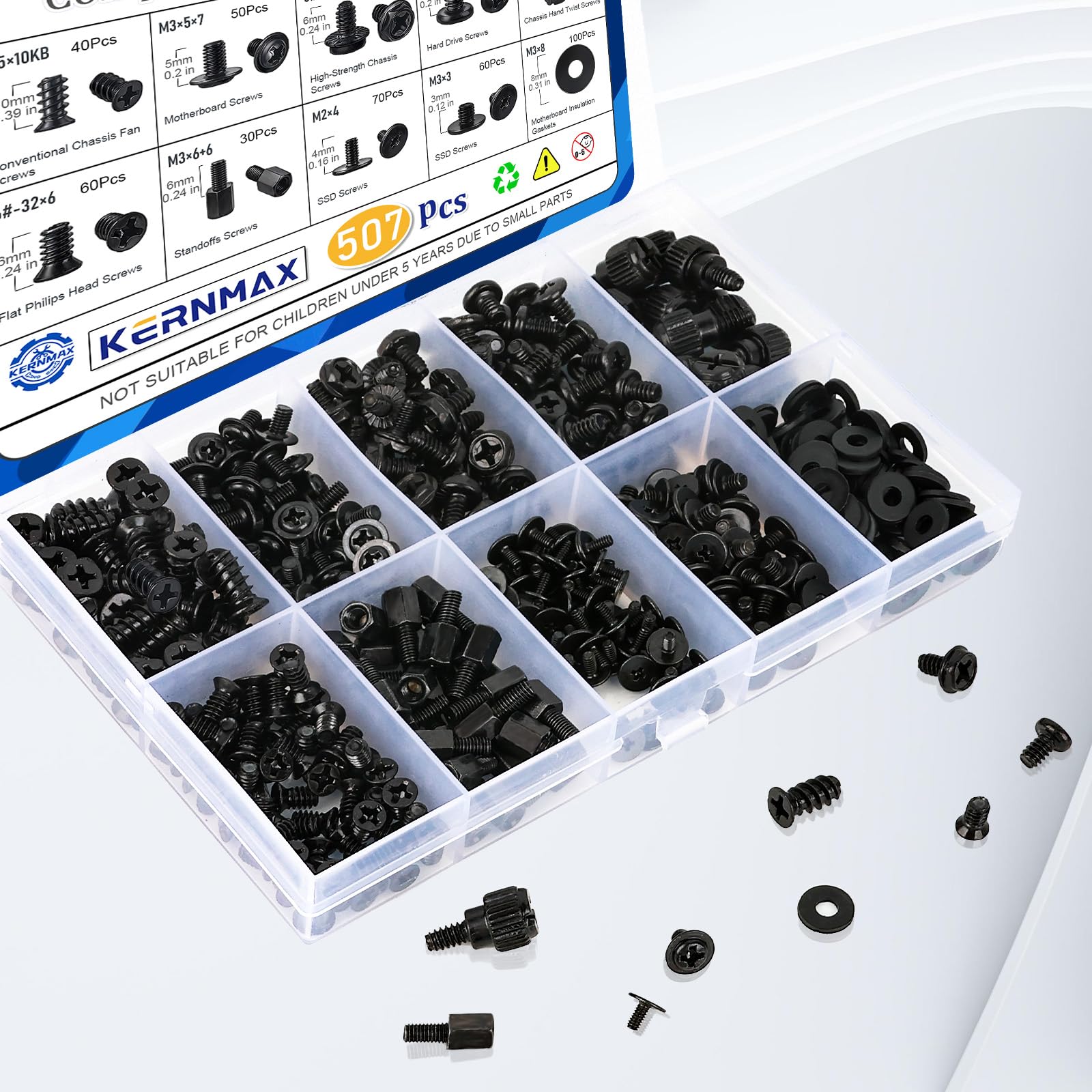 Kernmax 507Pcs Professional Computer Screws Assortment Kit, Includes Motherboard Screws, Standoffs, PC Case, SSD, Hard Drive, Fan, CD-ROM Screws, Long-Lasting for DIY PC Build and Repair