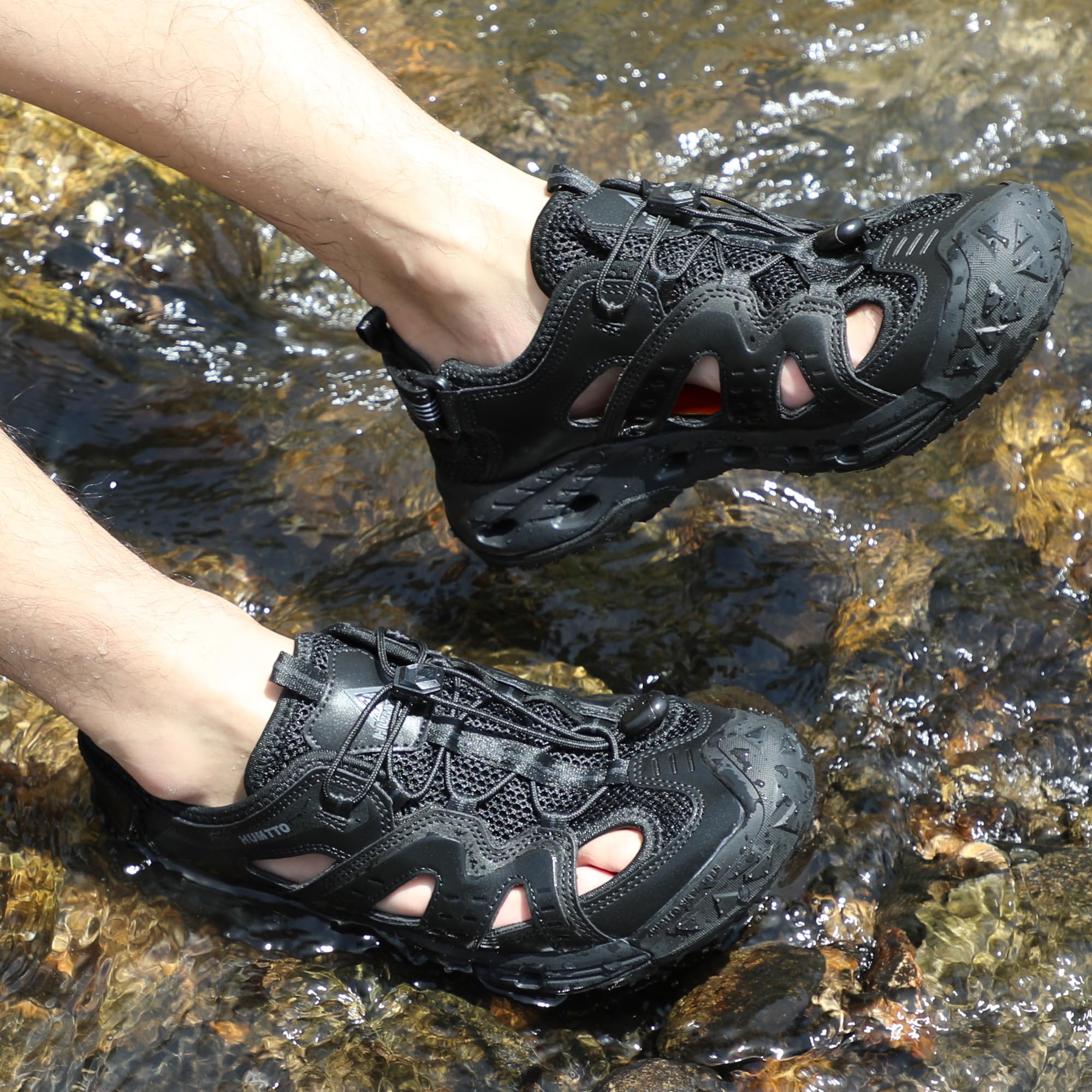 HUMTTO Men's Amphibious Closed Toe Hiking Sandals Quick-Dry Water Shoes Non-Slip Athletic Adjustable Outdoor Fisherman Beach Summer Walking Travel Shoe 10.5 Black