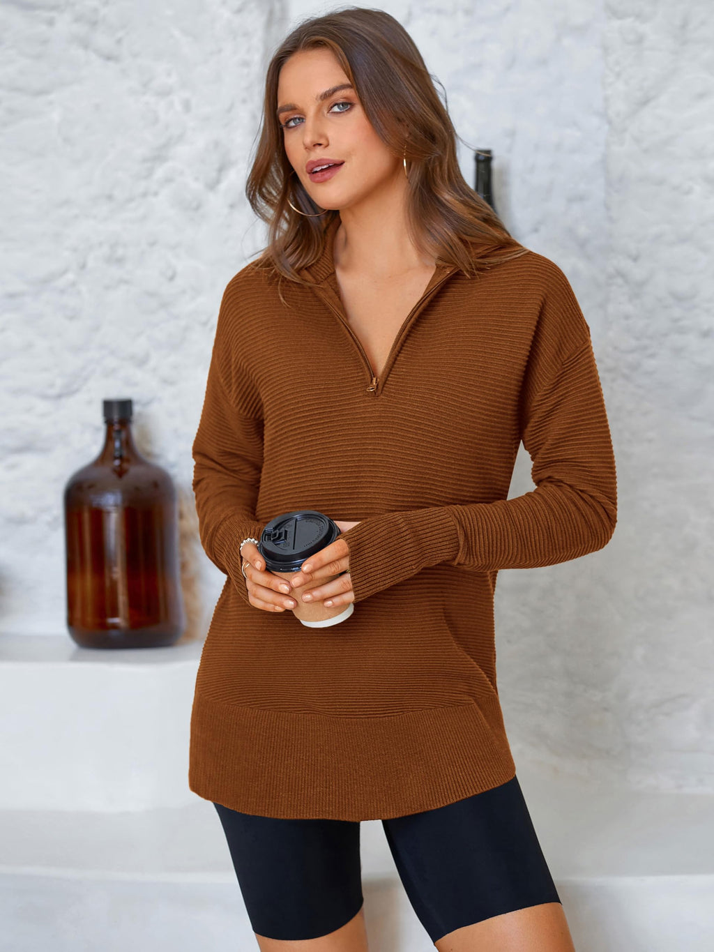 PRETTYGARDEN Womens Long Sleeve Quarter Zip Pullover Sweater Casual Loose V Neck Collared Ribbed Knit Jumper Tops Thumb Hole(Caramel,Large)