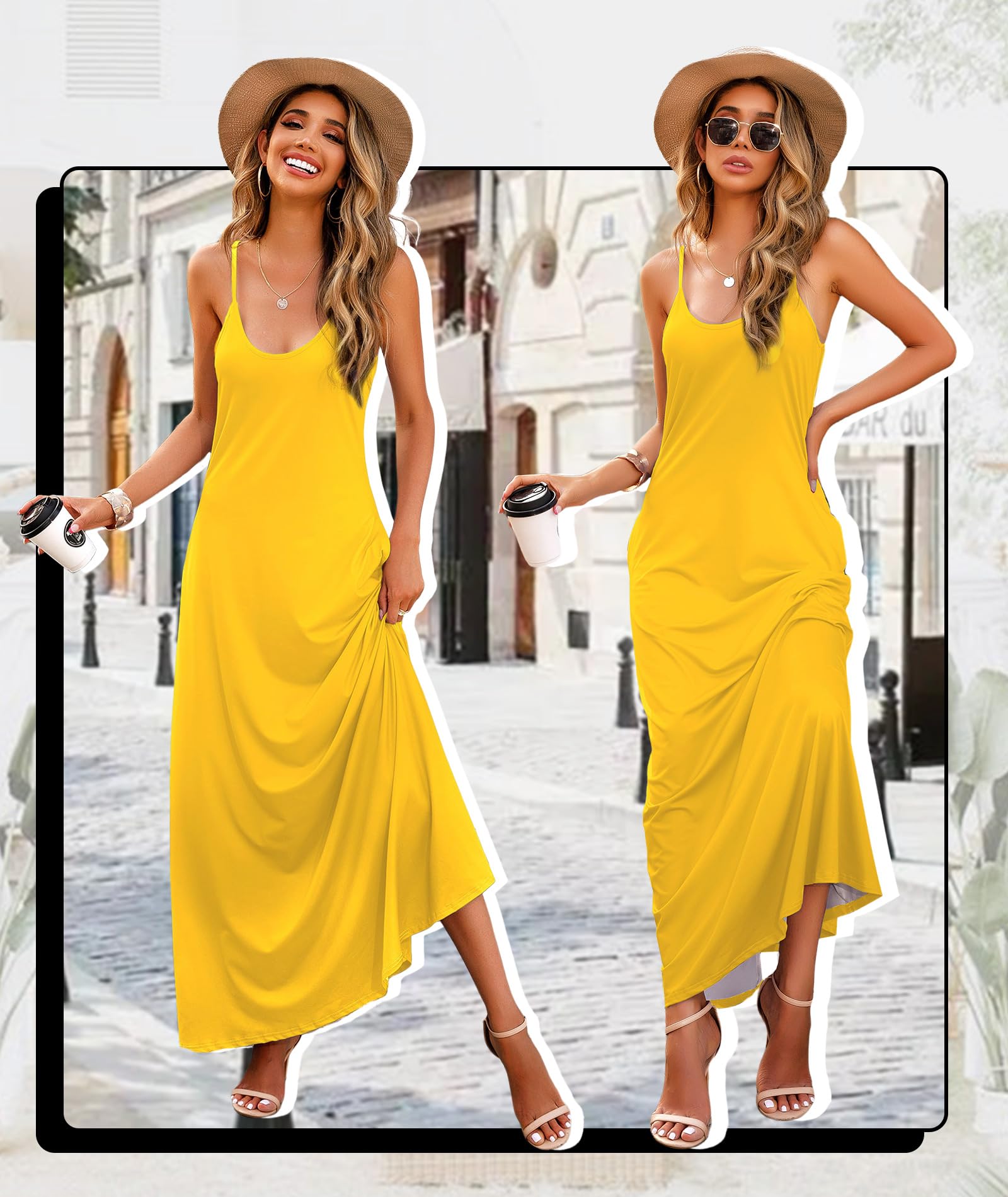 Wolddress Sleeveless Sundress Flowy Party Maxi Dress Adjustable Spaghetti Straps Dress for Daily Wear Work Coffee Shopping, Fall Outings Maternity Gender Reveal Soft Lightweight Yellow Large