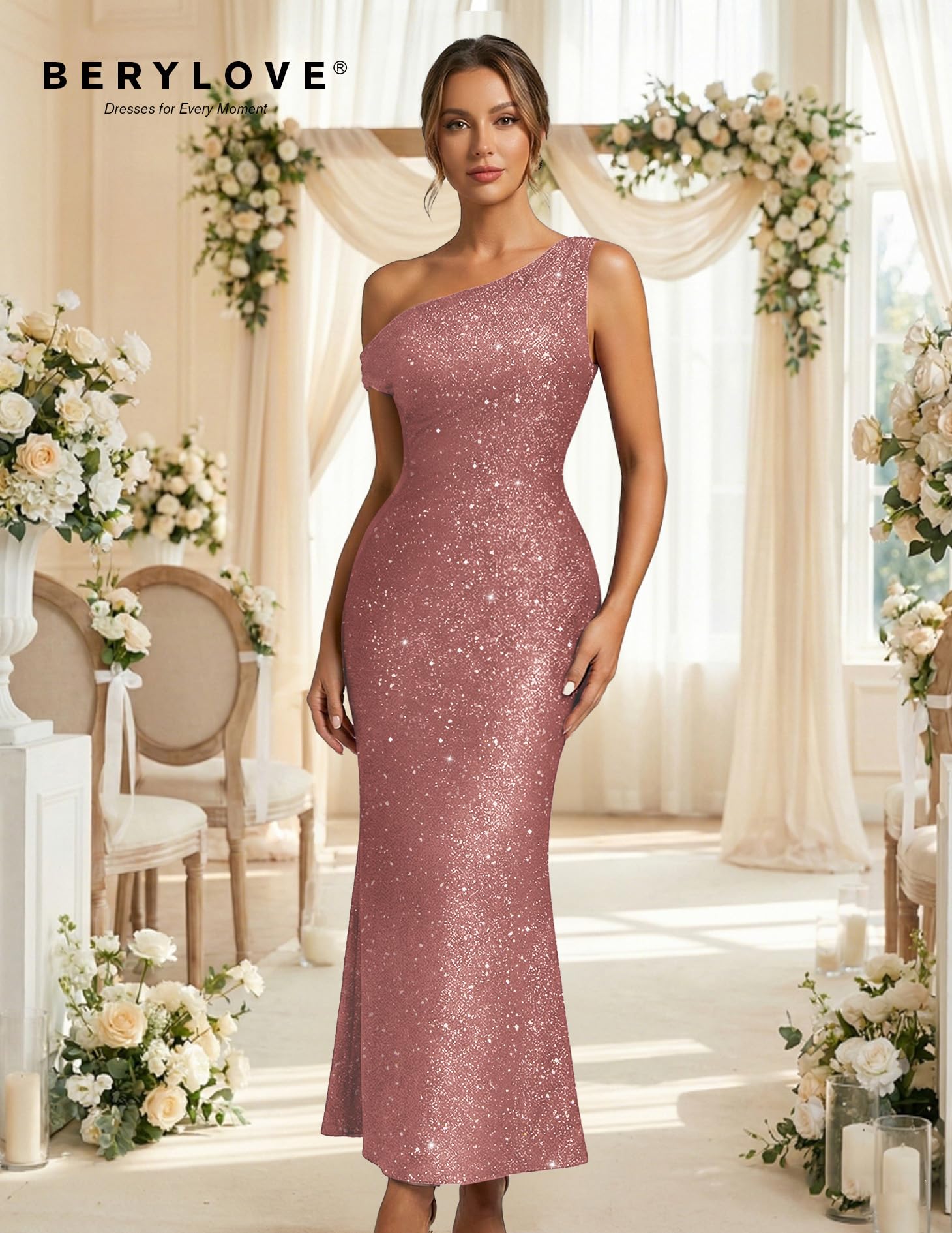 BeryLove Cocktail Formal Wedding Guest Sequin Gown Prom Midi Evening Party Bodycon Sparkle Dresses Ruched Christmas Sleeveless Long Dress 0035 Blush 2XL