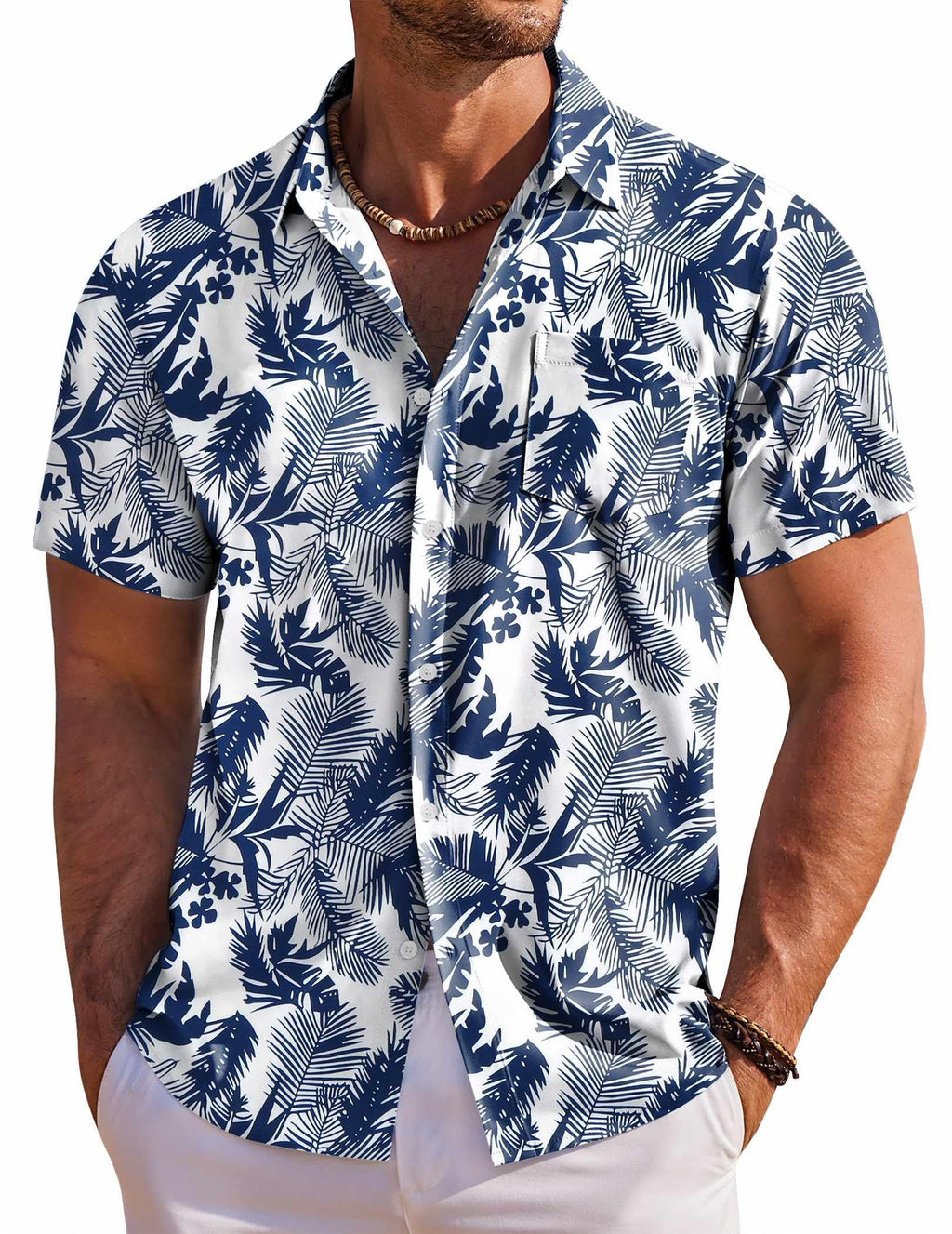COOFANDY Men's Short Sleeve Hawaiian Shirts Casual Summer Vacation Shirts, White - Palm Leaf, X-Large