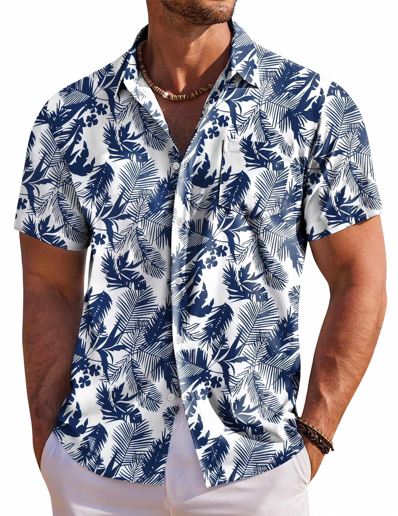 COOFANDY Men's Short Sleeve Hawaiian Shirts Casual Summer Vacation Shirts, White - Palm Leaf, X-Large