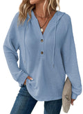 Dokotoo Womens Tops Hoodies for Women Waffle Knit Drawstring Button V Neck Long Sleeve Pullover Sweatshirt Hoodie Lightweight Sweater Casual Cute Fall Fashion Outfits Clothes 2025 Light Blue Medium