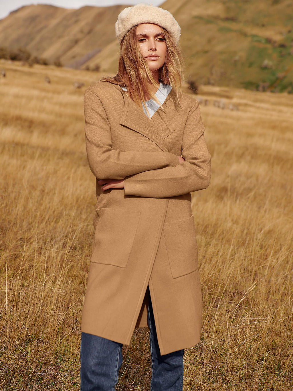ANRABESS Womens Cardigan Sweater Open Front Knit Long Coatigan Dressy Casual Jacket Coat 2025 Fall Outfits Classy Clothes Light Brown Small