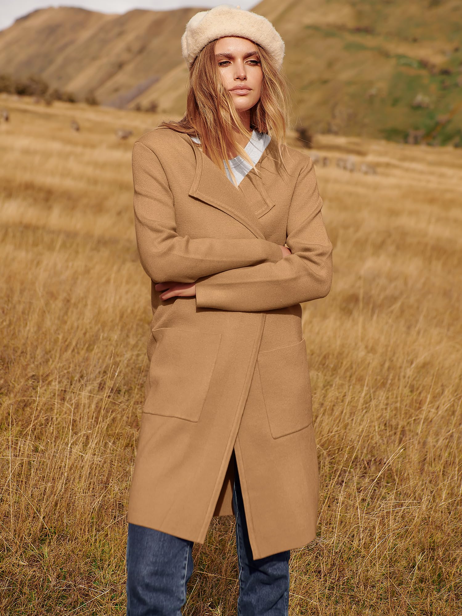 ANRABESS Womens Cardigan Sweater Open Front Knit Long Coatigan Dressy Casual Jacket Coat 2025 Fall Outfits Classy Clothes Light Brown Small