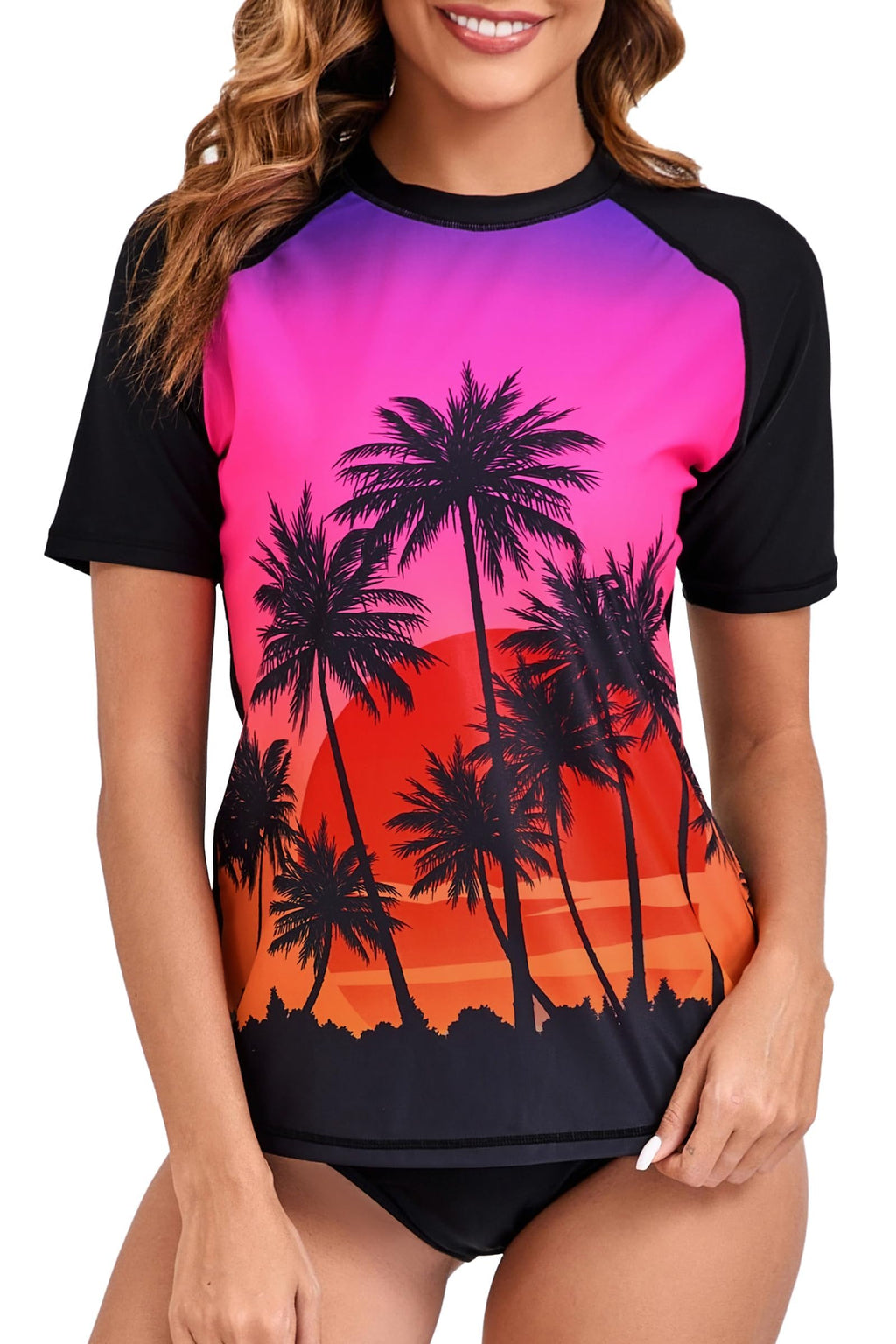 Halcurt Women's Short Sleeve Swim Shirt Rash Guard Swimsuit Top Only UPF50+ Sun Protection Bathing Suit Black Pink Sunset M