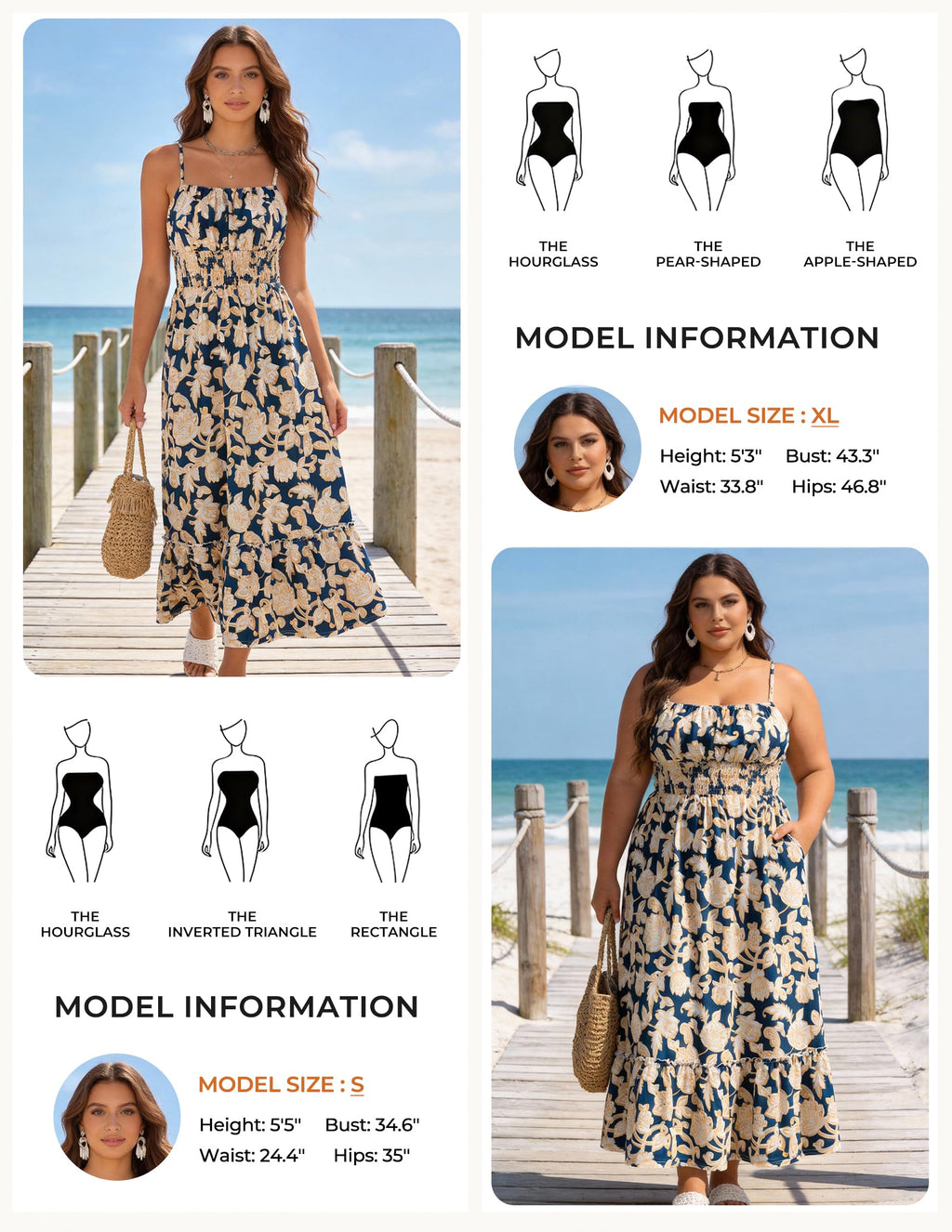 GRACE KARIN Summer Dresses for Women 2026 Vacation,Smocked Floral Maxi Dresses,Boho Beach Long Sundress Navy Flower S