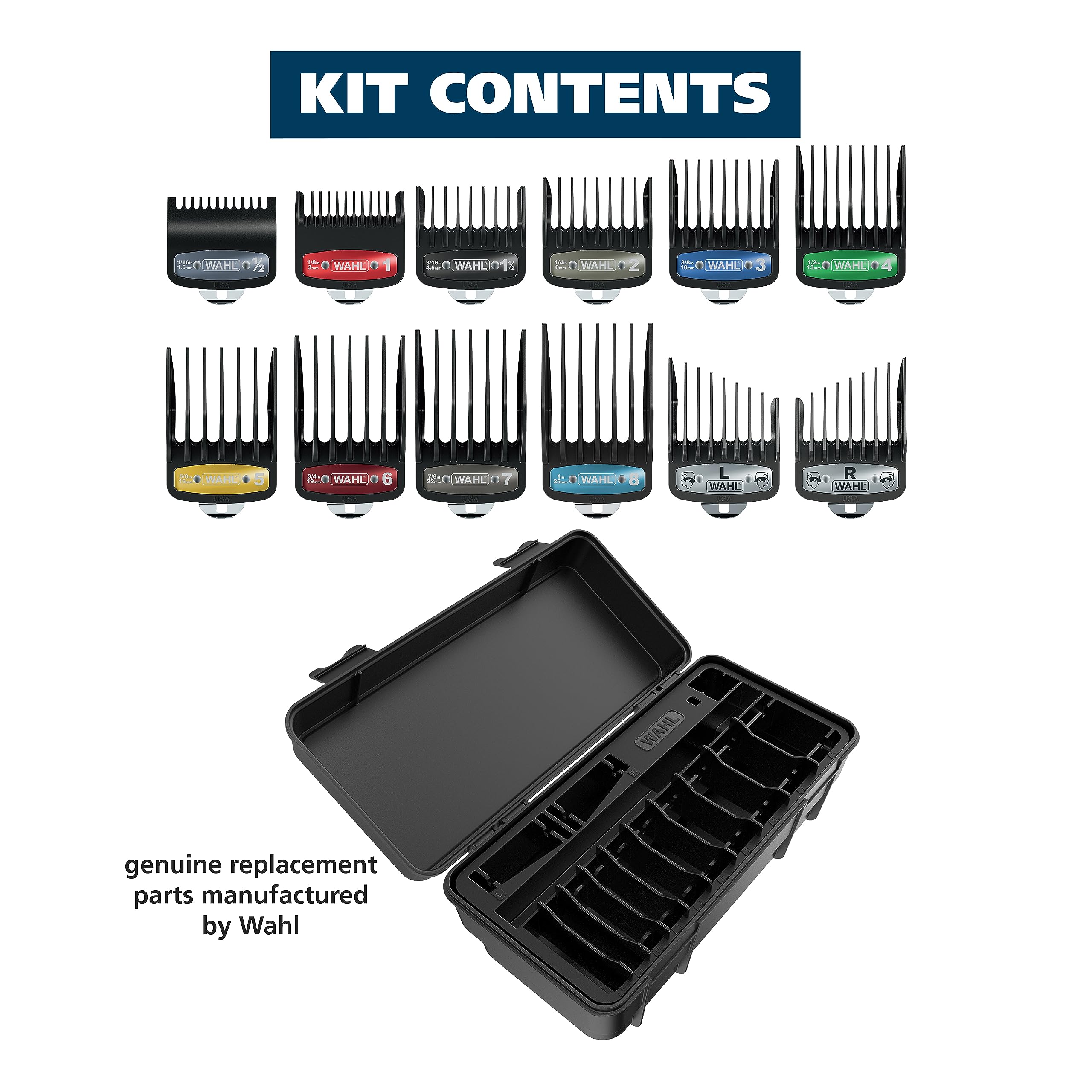 Wahl Genuine SECURE-SNAP® Guide Comb Set with Colored Metal Clips and Guard Organization Caddy, 12 Full Size Attachment Guards from 1/16” to 1” for Increased Cutting Performance Grey - 3291-300