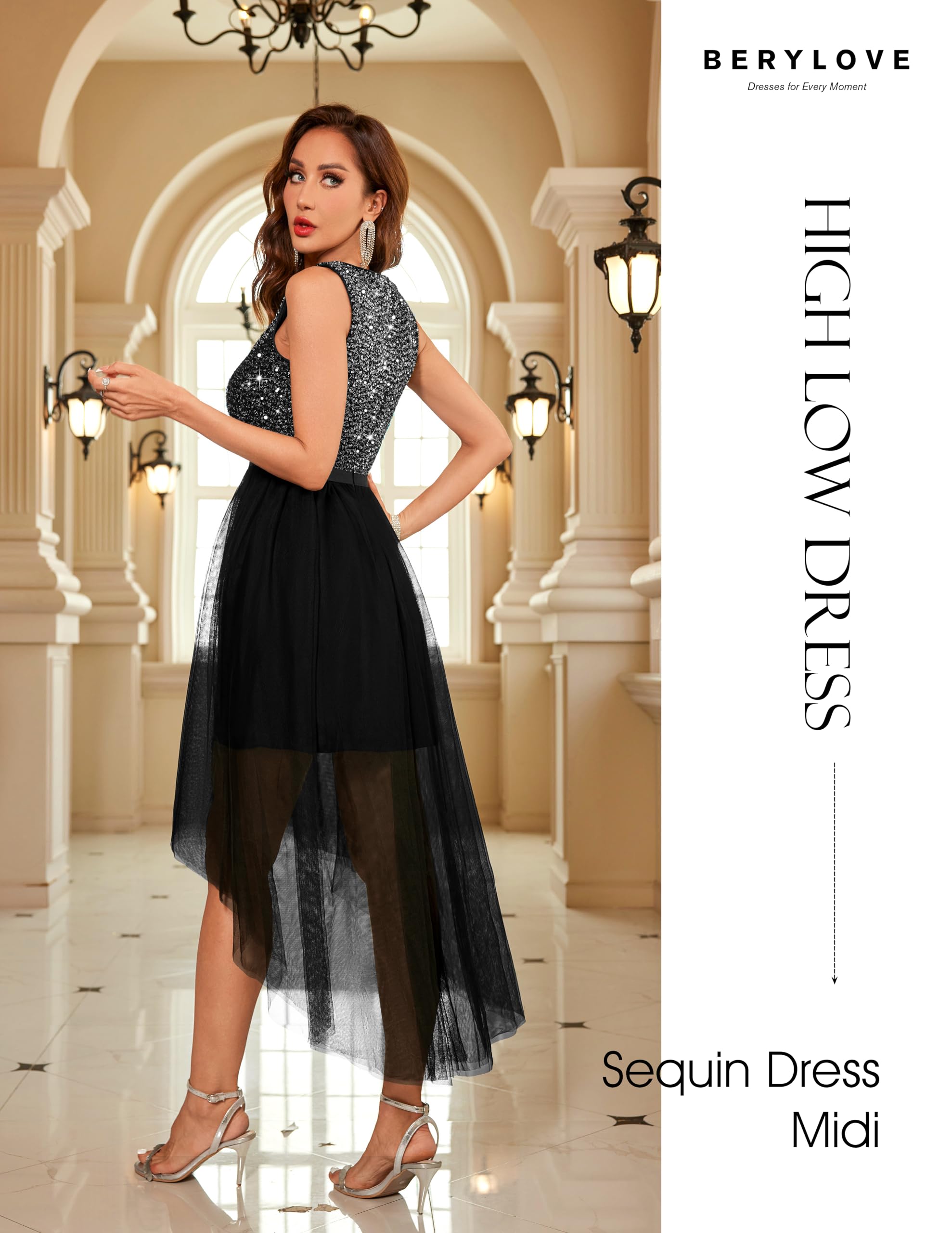 BeryLove Women's Sequin Party Dress Homecoming Formal Cocktail Swing Wedding Dressws High Low Sleeveless V-Neck Prom Gowns S003 Black L