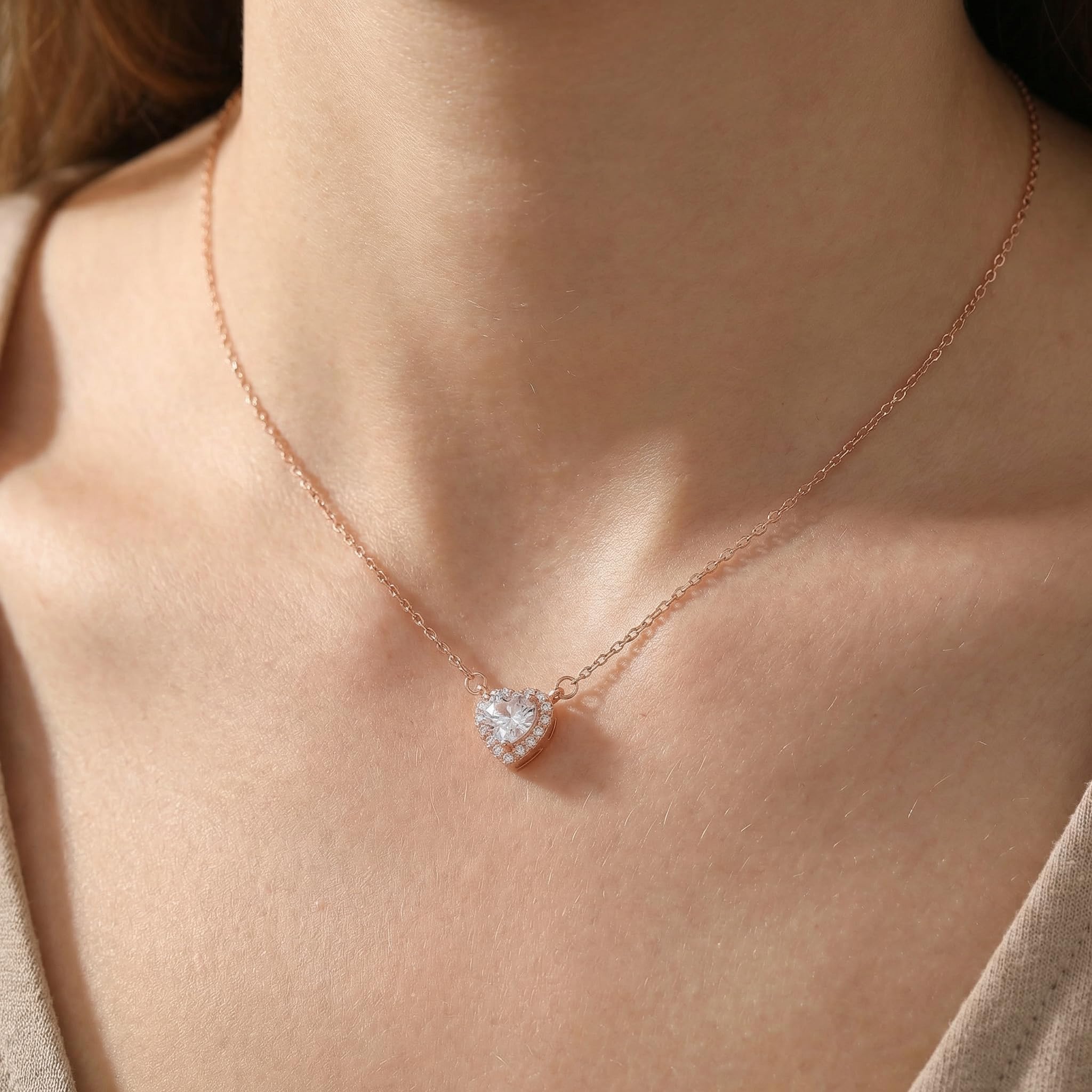 SLUYNZ 925 Sterling Silver CZ Love Choker Necklace for Women Teen Girls Sweet Heart Pendant Necklace for Her Birthday Anniversary (C-Rose Color)