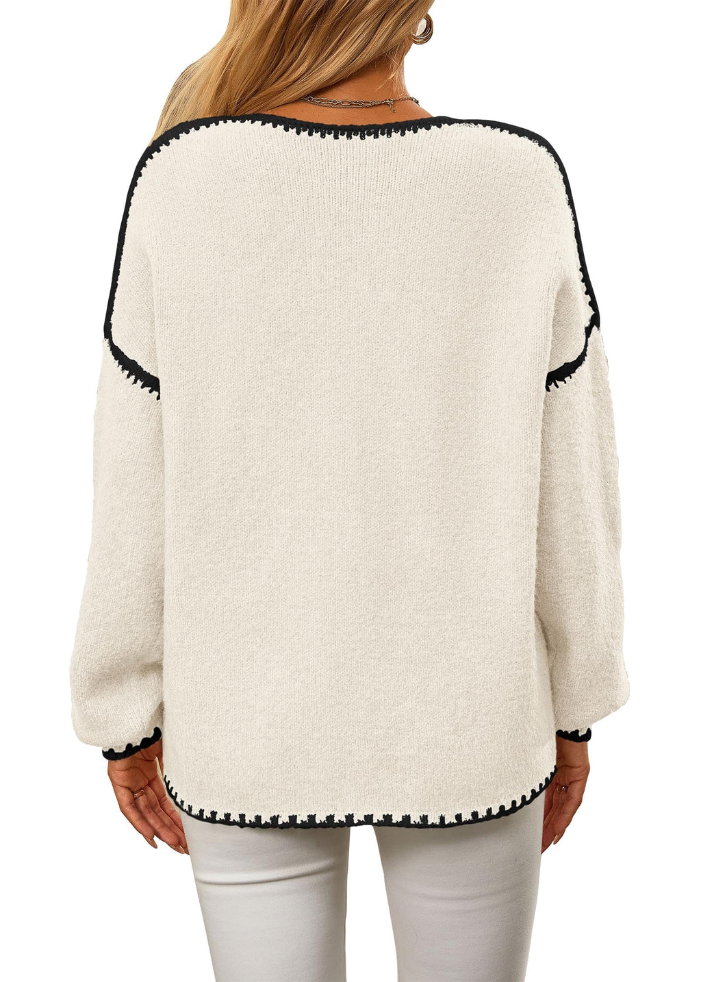KIRUNDO Womens Sweaters 2026 Fall Oversized Long Sleeve Chunky Knit Crew Neck Contrast Stitching Pullover Winter Clothes(White, Large)