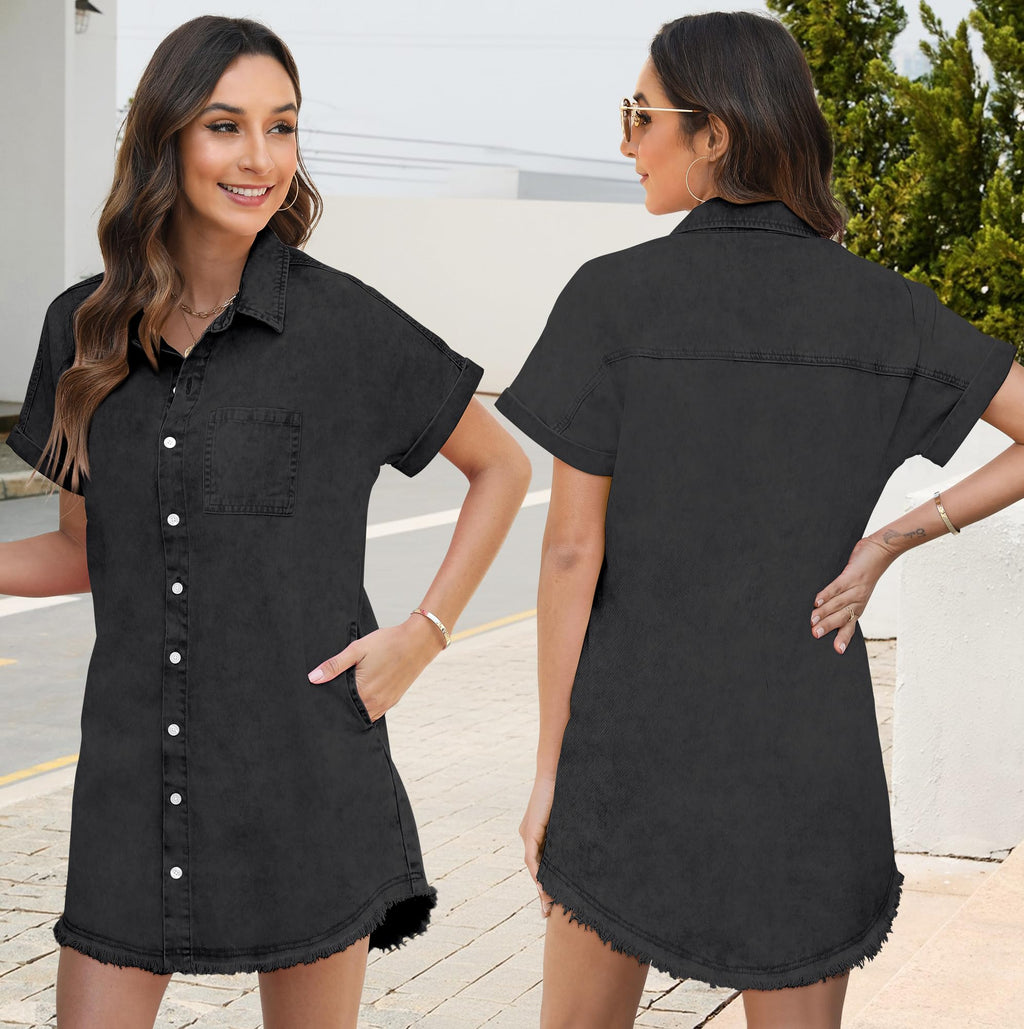 Denim Dresses for Women 2025 Trendy Midi Jean Shirt Casual Short Sleeve Button Down Babydoll Fitted Dress Pockets Knee Length Summer Ladies Black Large