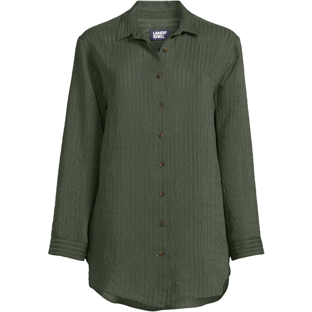 Lands' End Women's Rayon Rib Button Down Cover-Up X-Small Rich Olive Green