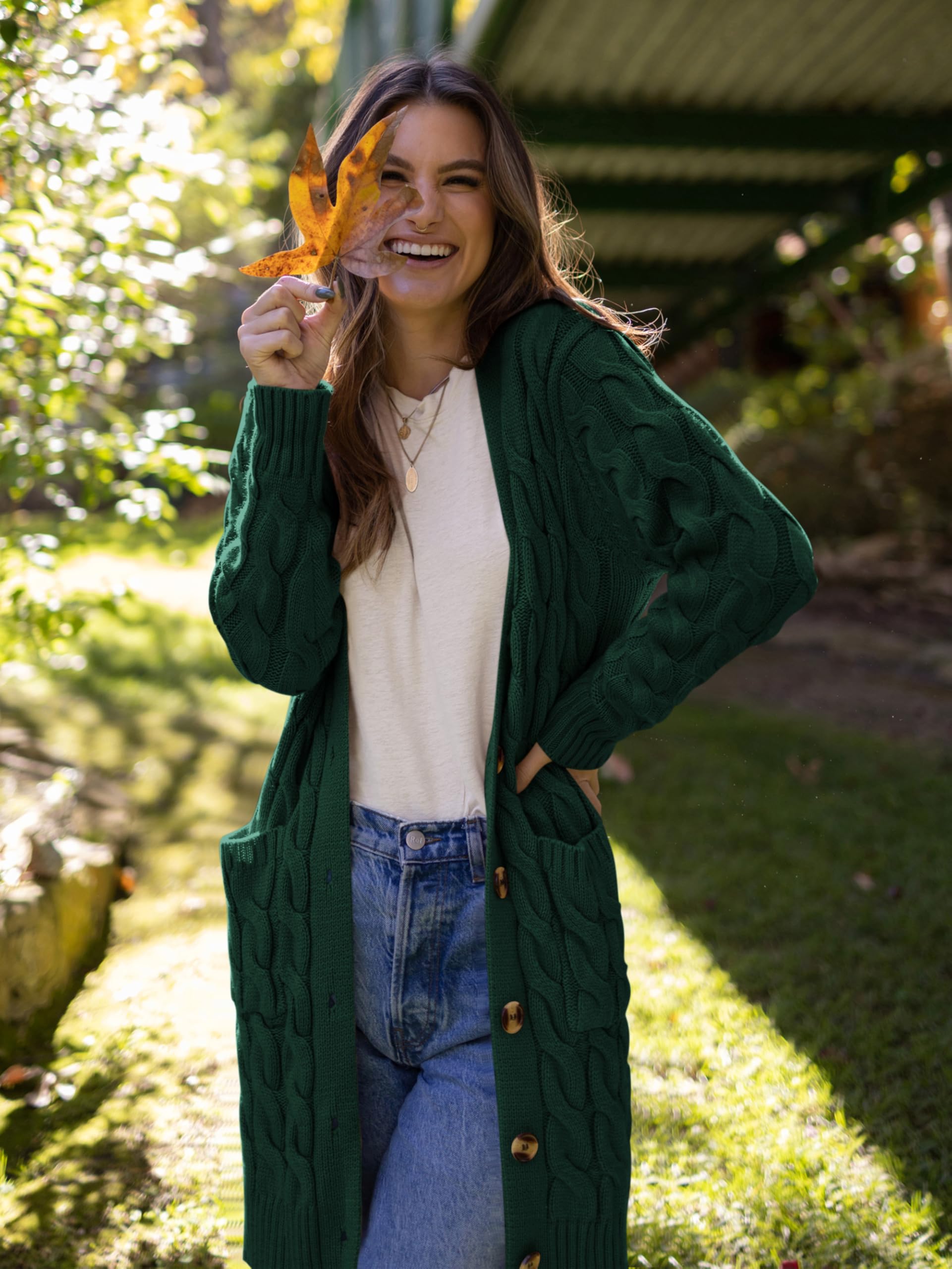 PRETTYGARDEN Long Sleeve Cable Knit Long Cardigan for Women 2026 Spring Winter Chunky Open Front Button Sweaters with Pockets(Dark Green,Small)