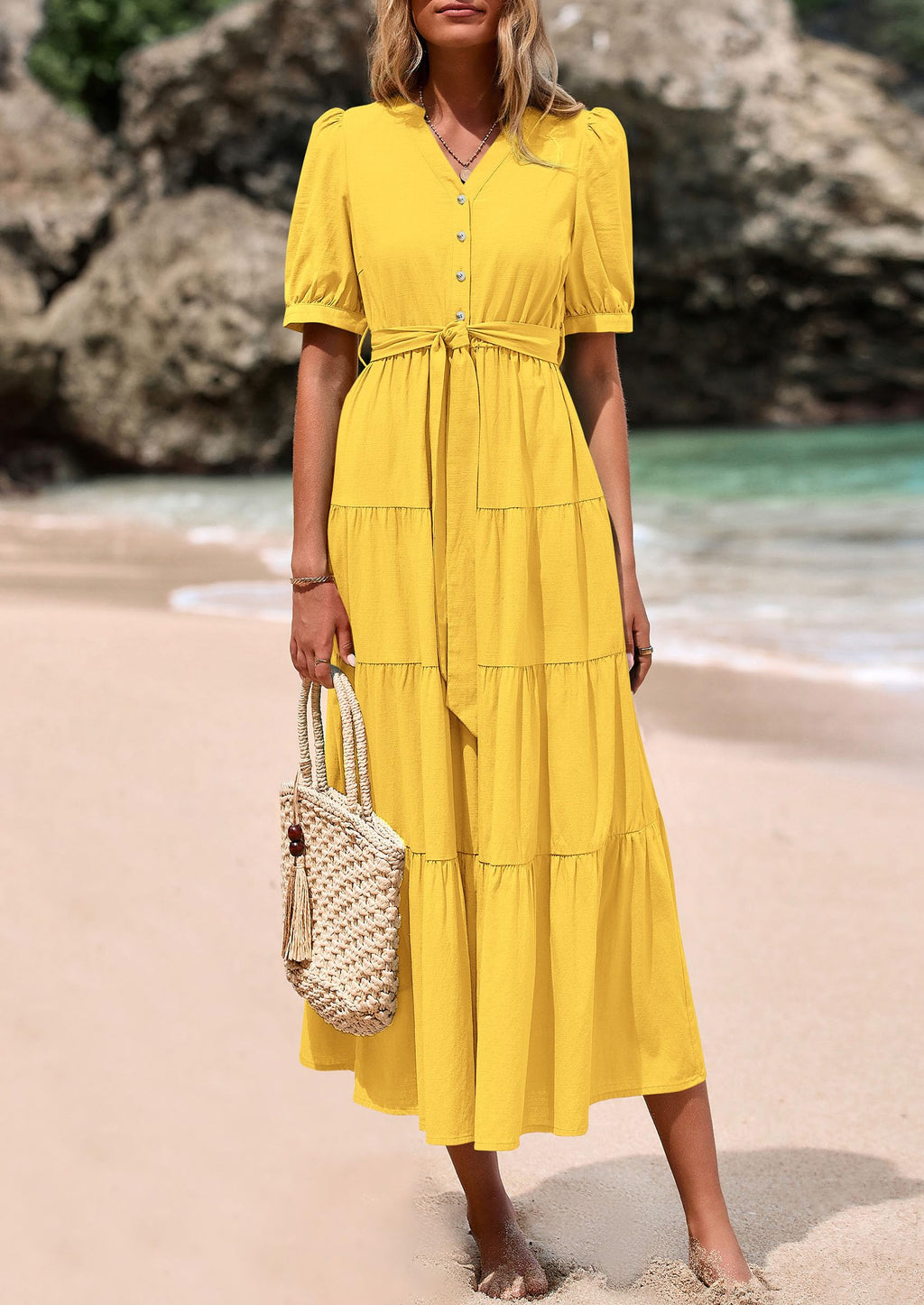 PRETTYGARDEN Summer Dresses for Women 2026 Elegant Classy Short Sleeve V Neck Ruffle A Line Belted Long Beach Vacation Dress (Yellow,XX-Large)