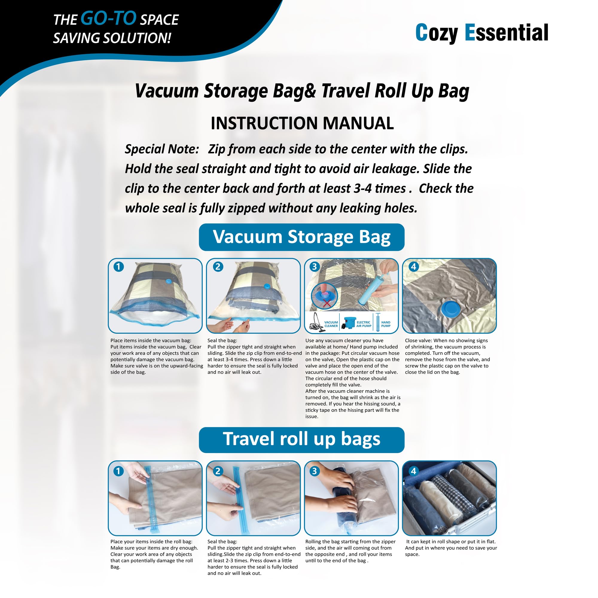 Cozy Essential 20 Pack Vacuum Storage Bags, Space Saver Bags (4 Jumbo/4 Large/4 Medium/4 Small/4 Roll) Compression for Comforters and Blankets, Pillow, Bedding, Sealer Clothes Storage
