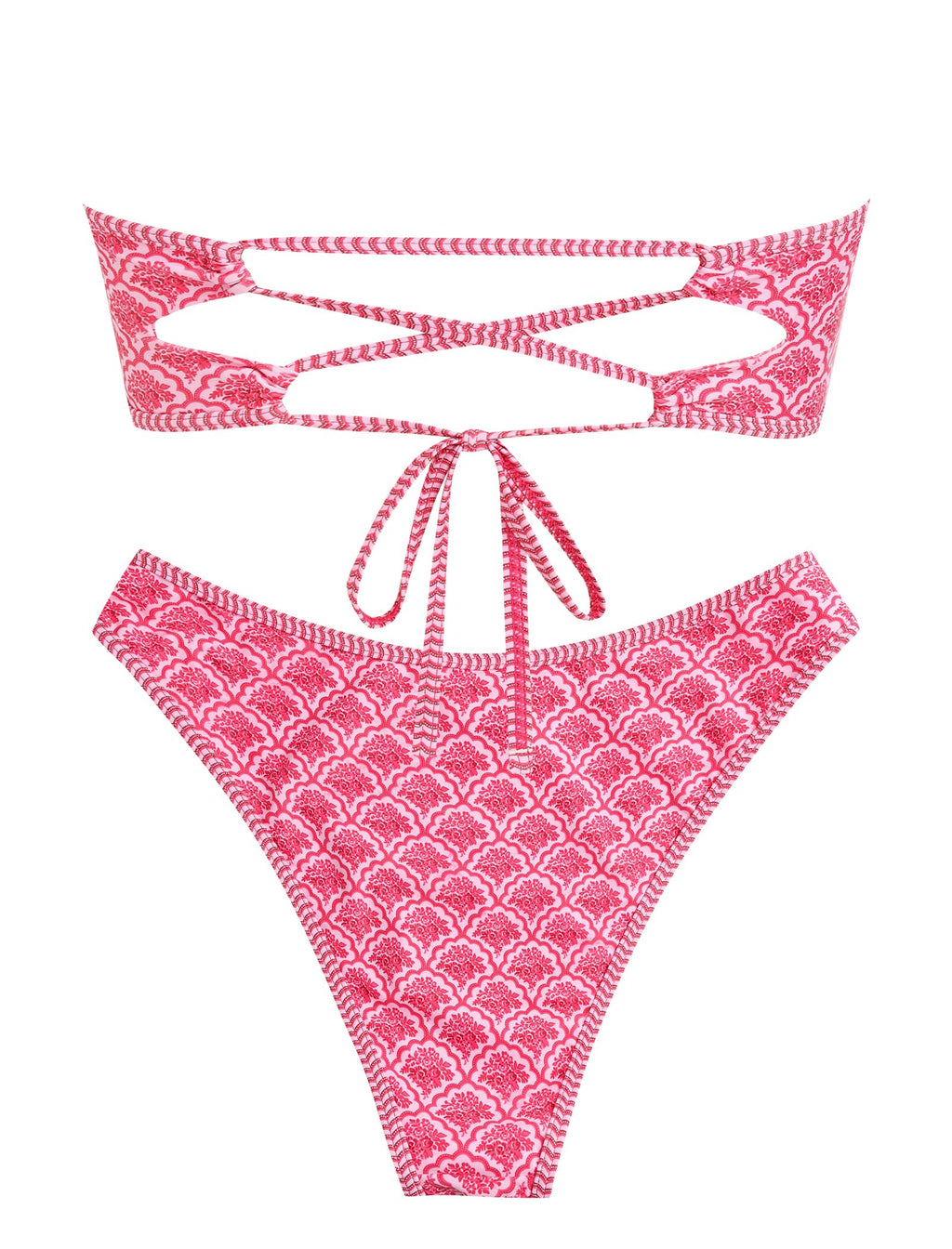 ZAFUL Women's Bandeau Bikini V Strapless Confetti Colorblock Tie Back High Cut Two Piece Swimsuit Bathing Suits (3-Coral Red, M)