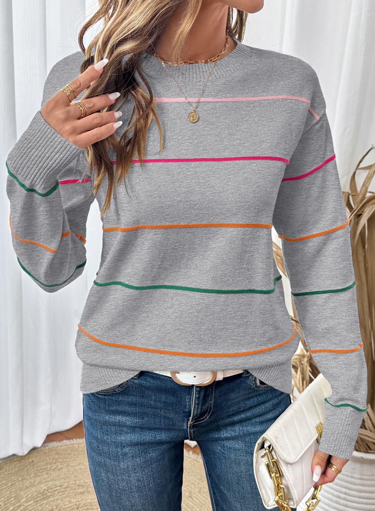 SHEWIN Womens Tops Dressy Casual Crew Neck Striped Sweater Women Lightweight Fall Tops for Women 2025 Long Sleeve Tops Womens Sweaters Grey Medium