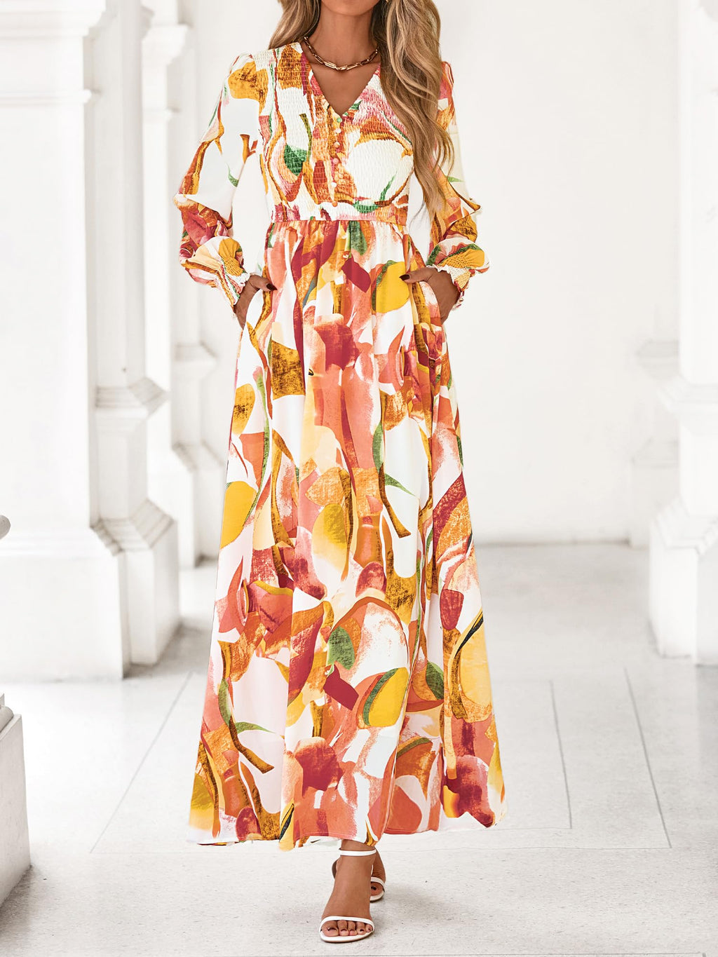 BTFBM Women Fall Wedding Guest Maxi Dresses 2025 Floral V Neck Long Sleeve Boho Long Dress Vacation(Pink Watercolour,Medium)
