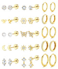 LOLIAS 14K Gold Plated Flat Back Earrings - Hypoallergenic Surgical Stainless Steel Stud Hoop Earrings for Women Girls Kids Cute Stud Earring Set Small Huggie Hoops Cartilage Earring Stacks