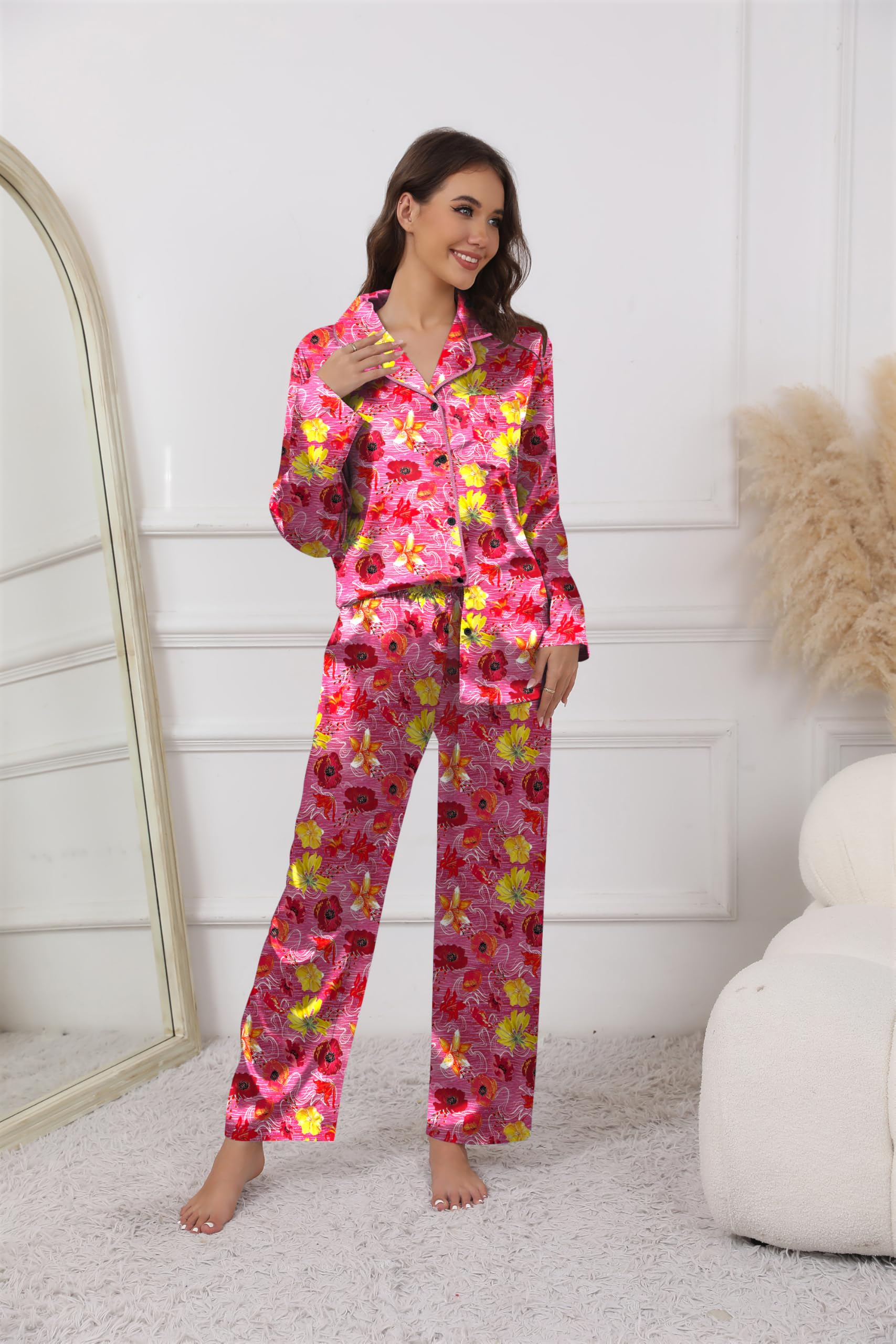 Ekouaer Pajamas For Women Set Silk Pjs 2 Piece Satin Sleepwear Long Sleeve Button Down Lounge Sets With Pant Rose Red Flower L