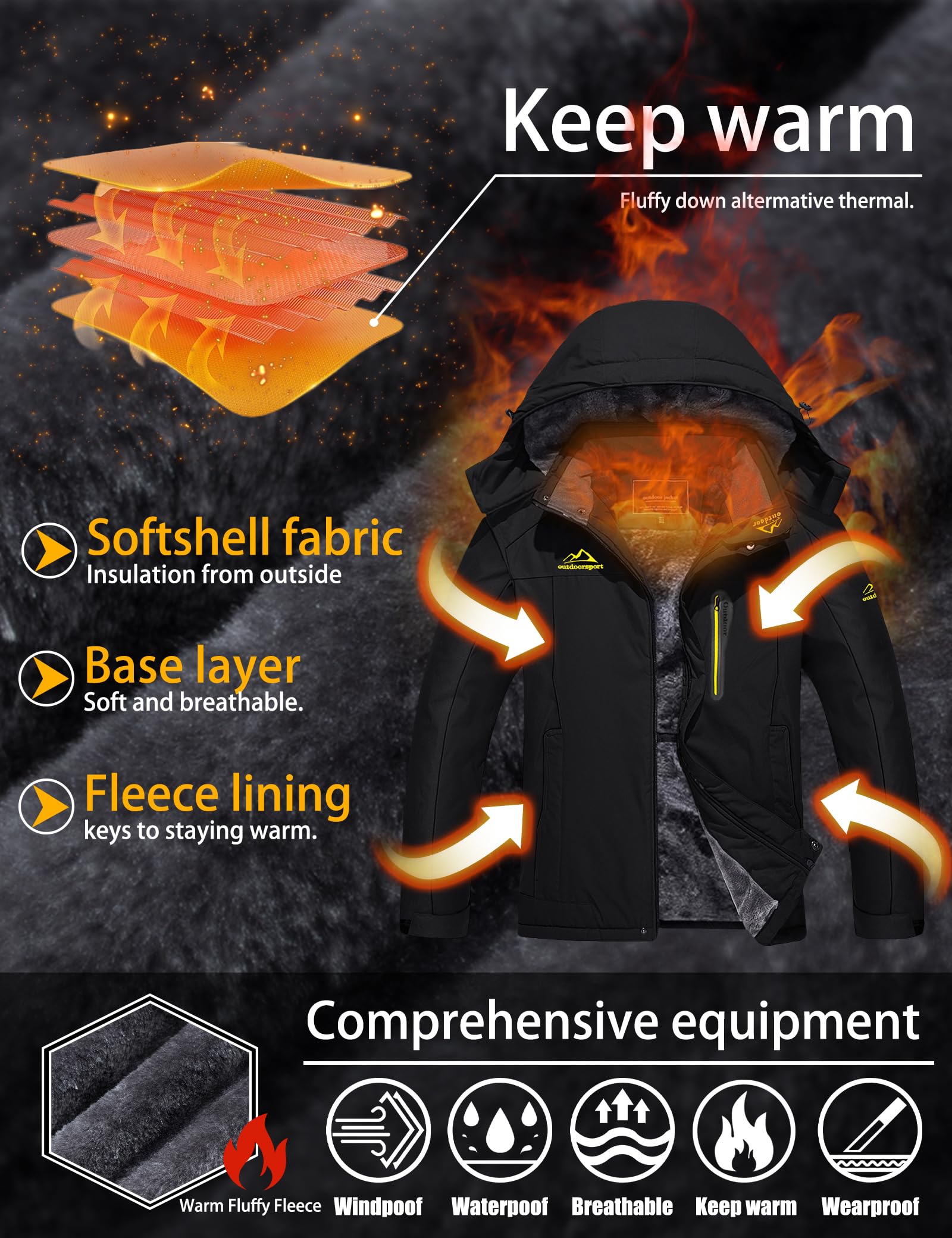 TACVASEN Men's Winter Ski Jacket Waterproof Snow Coats Snowboard Fleece Lining Jacket Warm Parka with Hooded Black M