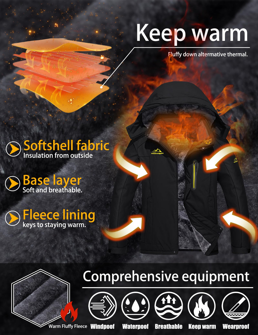 TACVASEN Men's Winter Ski Jacket Waterproof Snow Coats Snowboard Fleece Lining Jacket Warm Parka with Hooded Black L
