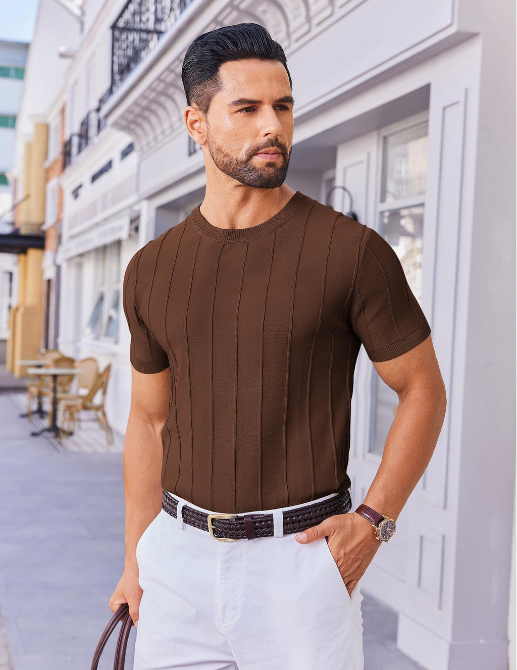 COOFANDY Mens T Shirts Summer Casual Short Sleeve Knitted Shirts Solid Crewneck Sweater Shirts Under Balzer Shirt Brown