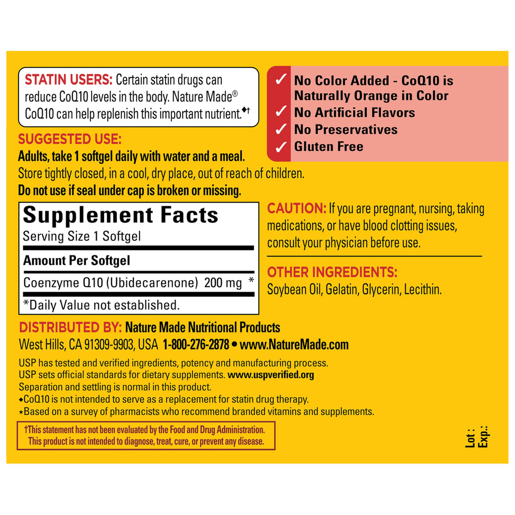 Nature Made CoQ10 200mg Softgels, Dietary Supplement for Heart Health Support, 105 Softgels, 105 Day Supply
