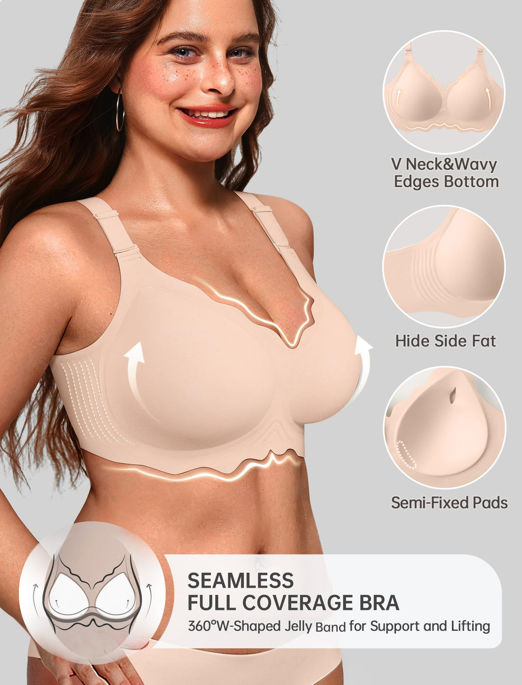 OEAK Women Jelly Bras No Underwire Scalloped Push Up Buttery Soft Tshirt Bra Seamless Full Coverage Convertible Everyday Bra Nude,L