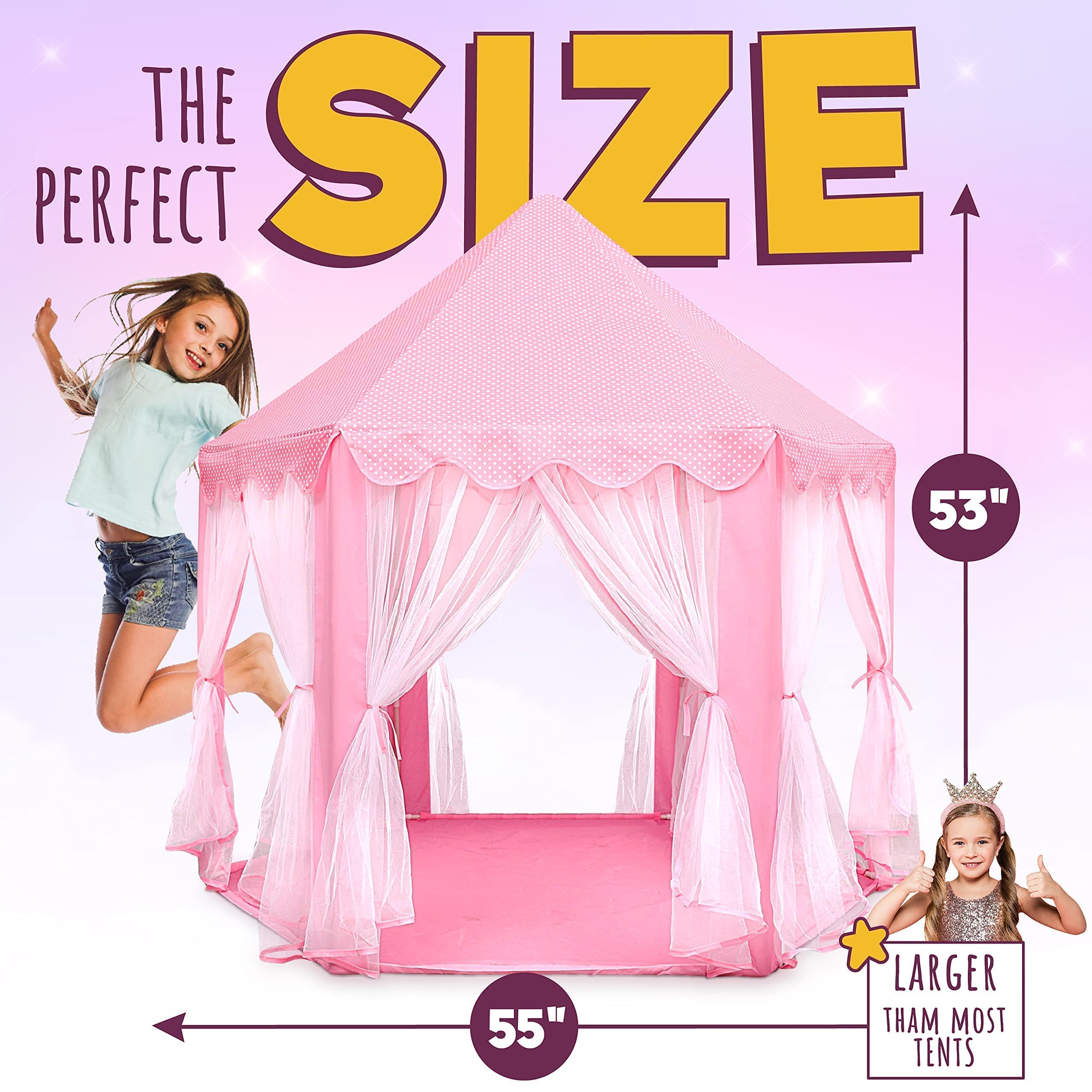 ORIAN Princess Castle Play Tent for Girls, LED Star Lights, Indoor & Outdoor Playhouse, Polyester, Pink, 55" x 53", Toddler & Kids Toys Ages 2–7