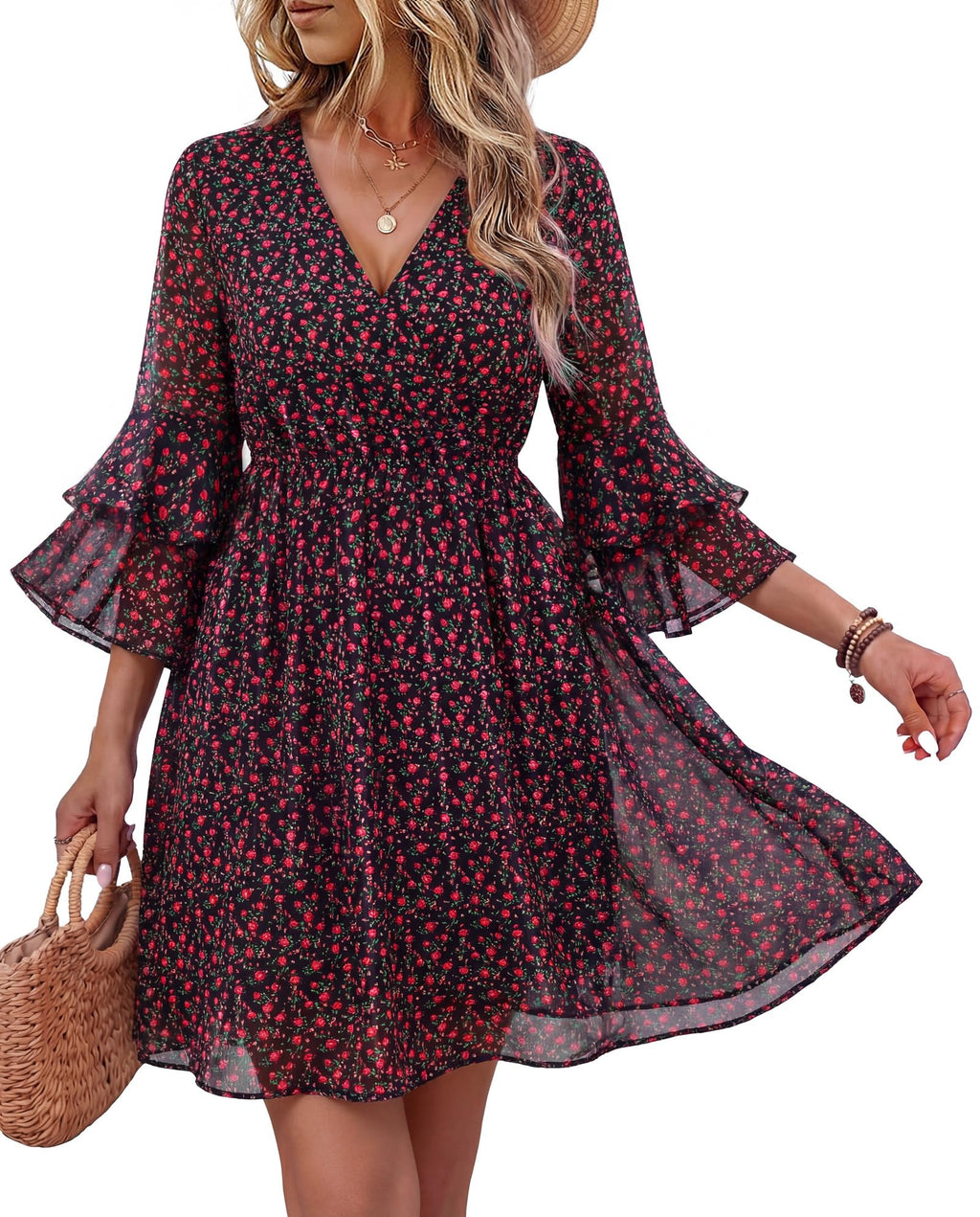 Bebonnie Cruise Outfits for Curvy Women 2026: Womens Casual Sexy V Neck Boho Formal Cocktail Date Night Dress Country Concert Flowy A Line Maxi Flattering Dresses for Big Bust Coachella Black Red XXL