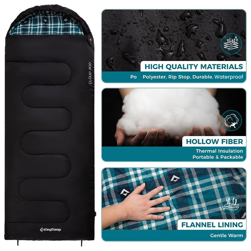 KingCamp Sleeping Bag for Adults, Cold Weather & Warm XL Big and Tall Flannel Sleeping Bags with Compression Sack Portable Waterproof Essentials Gear Accessories for Outdoor Camping (Black Left)