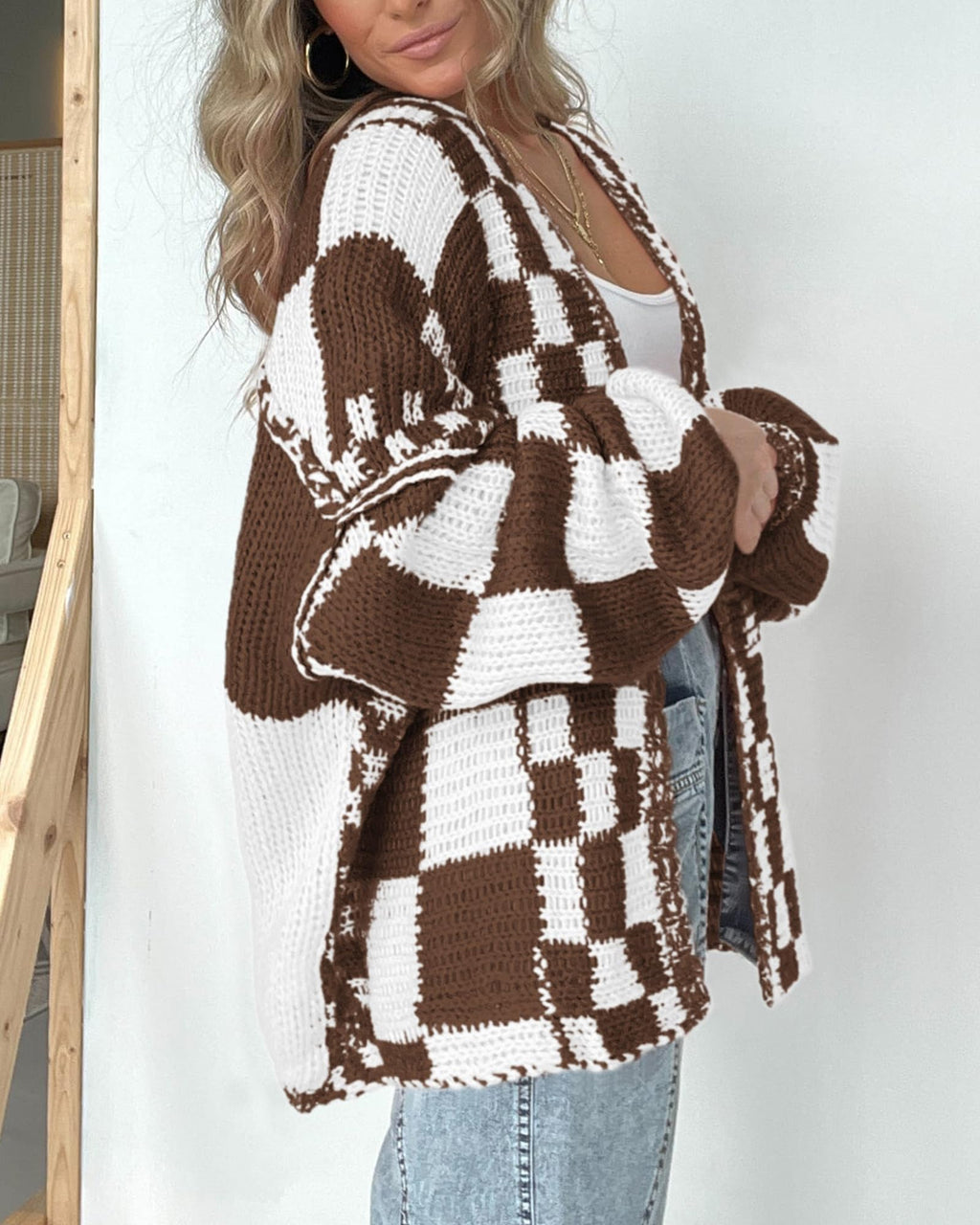 BTFBM Casual Cardigan Sweater for Women Fall 2025 Long Sleeve Open Front Chunky Knit Sweaters Checkered Outwear Coat(Brown,Small)