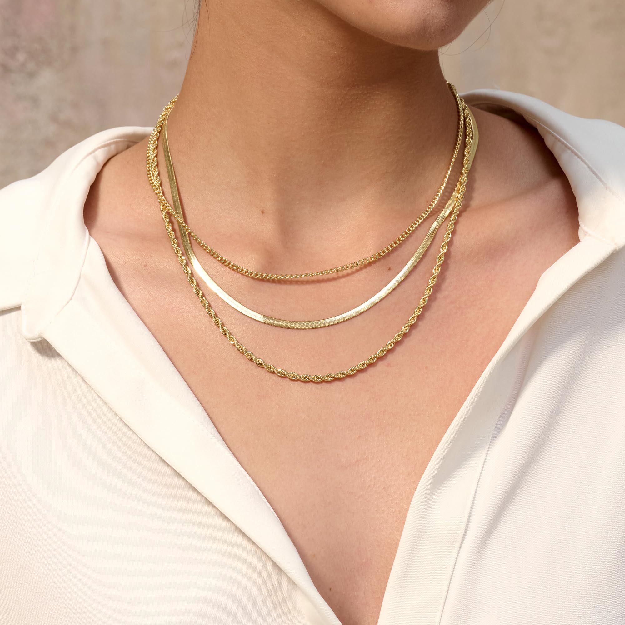 Freekiss Gold Herringbone Necklace for Women: Layered Chain Necklaces Dainty 14k Gold Plated Snake Cuban Rope Choker Necklace Stack Simple Chunky Womens Jewelry Gift