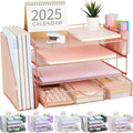gianotter Desk Organizers and Accessories with File Holder, 4-Tier Desk Accessories & Workspace Organizers with Drawer and 2 Pen Holder, Paper Organizer for Office Supplies (Rose Gold)