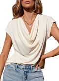 EVALESS Womens Tops Holiday Outfits for Women Fashion 2026 Elegant Cowl Neck Short Sleeve T Shirts Apricot Blouses for Women Dressy Casual Sexy Off Shoulder Summer Clothes Basic Teacher Shirts, Medium