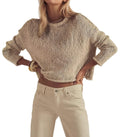 Ceputer Lightweight Crewneck Long Sleeve Cropped Sweater for Women Casual Loose Solid Fall Short Knit Pullover Sweaters Beige