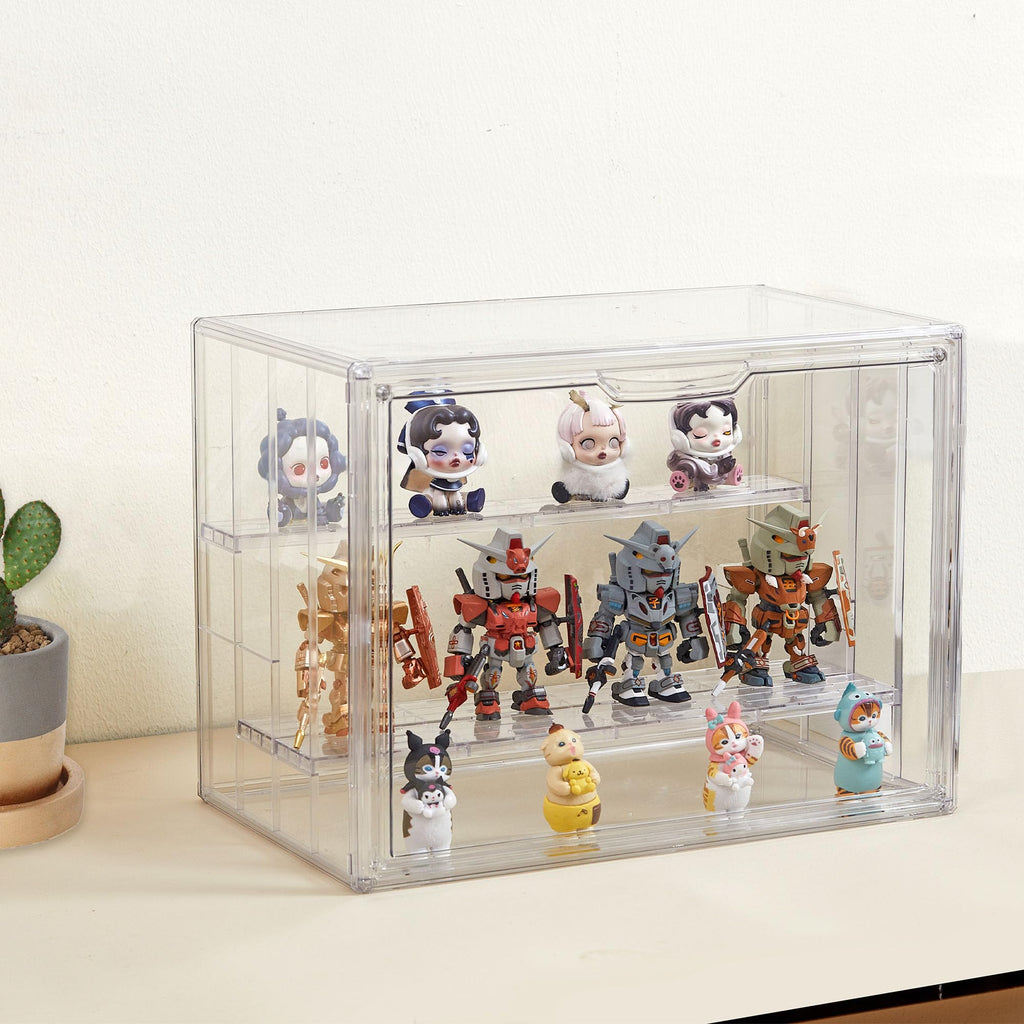 Clear Acrylic Display Case Upgrade 4 Tier Figure Display Case with 3 Movable Dividers, Stackable Display Box Showcase with Magnetic Door for Collectibles (Large-2pack)