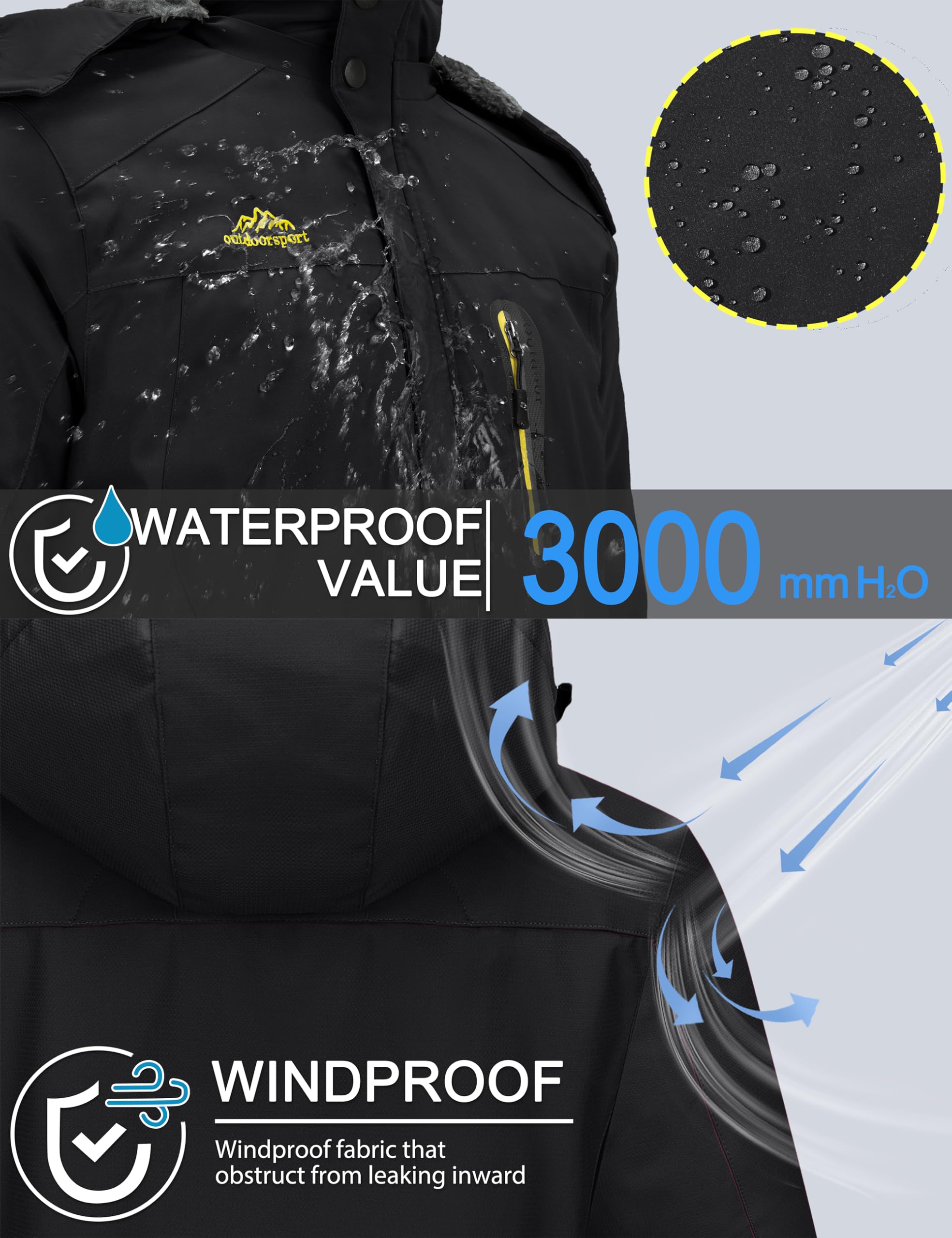 TACVASEN Men's Winter Ski Jacket Waterproof Snow Coats Snowboard Fleece Lining Jacket Warm Parka with Hooded Black L